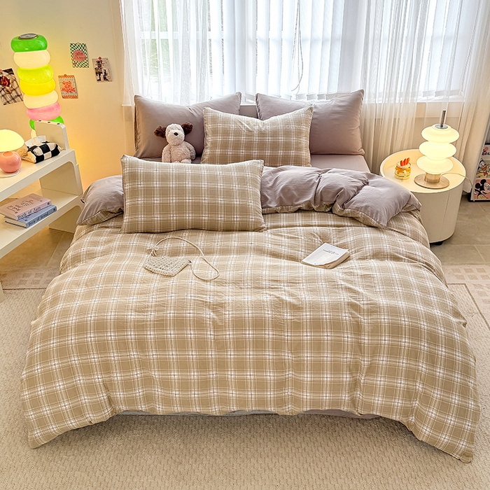 91家纺网 家纺一手货源 找家纺 网客家纺 2026新款软糯云朵棉水洗棉四件套 绿野格