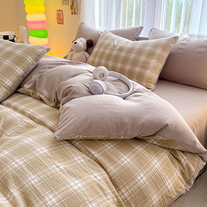 91家纺网 家纺一手货源 找家纺 网客家纺 2026新款软糯云朵棉水洗棉四件套 绿野格