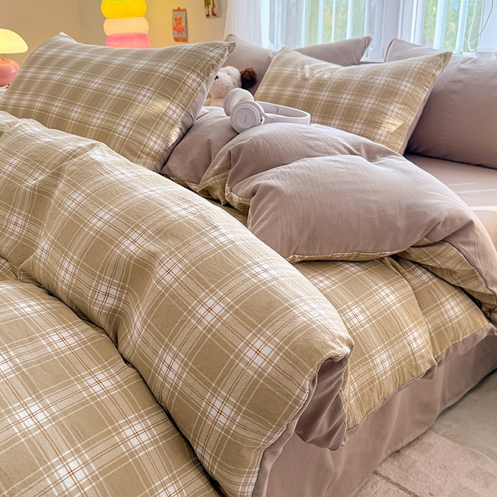 91家纺网 家纺一手货源 找家纺 网客家纺 2026新款软糯云朵棉水洗棉四件套 绿野格