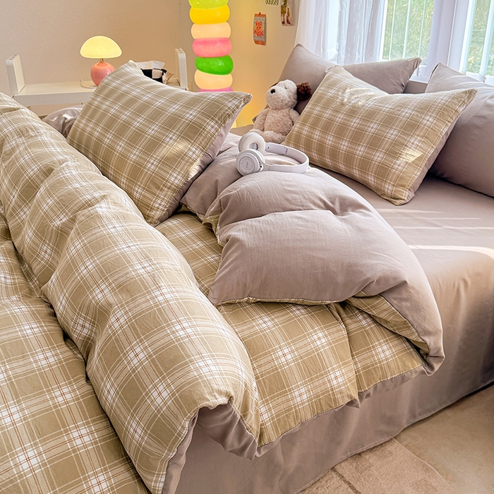 91家纺网 家纺一手货源 找家纺 网客家纺 2026新款软糯云朵棉水洗棉四件套 绿野格