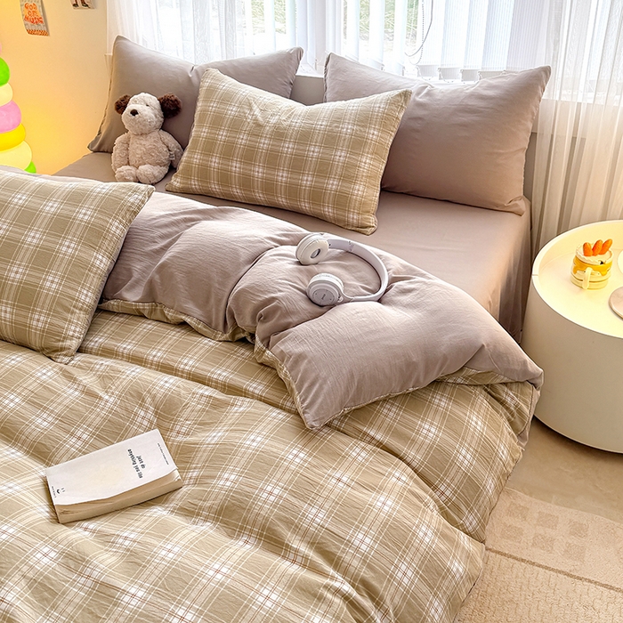 91家纺网 家纺一手货源 找家纺 网客家纺 2026新款软糯云朵棉水洗棉四件套 绿野格