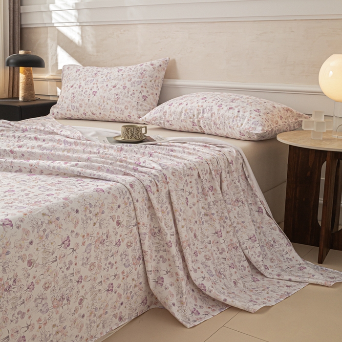 91家纺网 家纺一手货源 找家纺 爱彼家纺 2026新款纯棉提花A类新款老粗布夏季凉席单床单床单三件套-提花系列一 全棉提花-05柔紫花漾