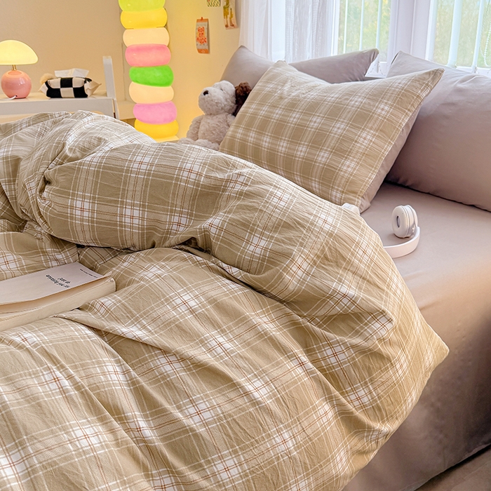 91家纺网 家纺一手货源 找家纺 网客家纺 2026新款软糯云朵棉水洗棉四件套 绿野格