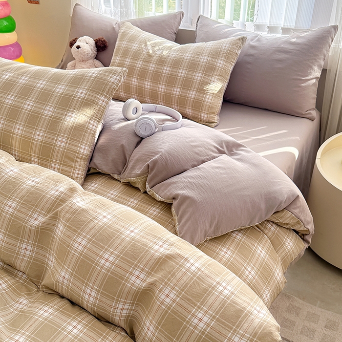 91家纺网 家纺一手货源 找家纺 网客家纺 2026新款软糯云朵棉水洗棉四件套 绿野格