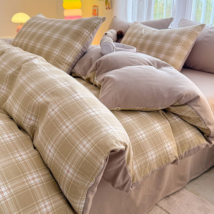 91家纺网 家纺一手货源 找家纺 网客家纺 2026新款软糯云朵棉水洗棉四件套 绿野格