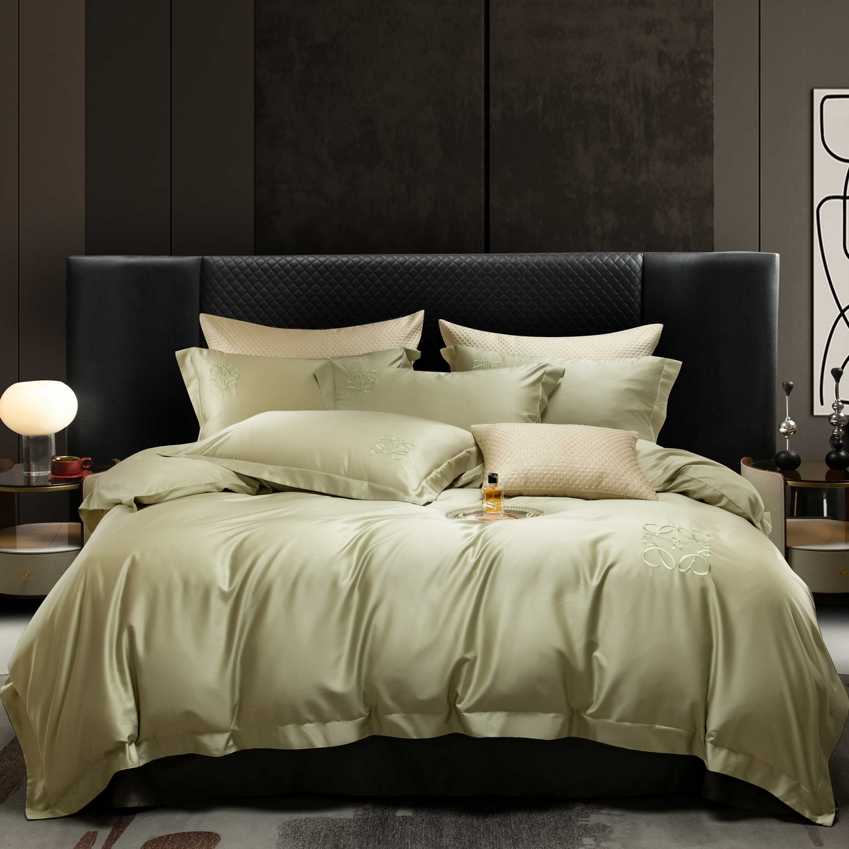 91家纺网 家纺一手货源 找家纺 莱豫家纺 2026春夏新款100s兰精天丝绣花四件套 罗意威抹茶绿