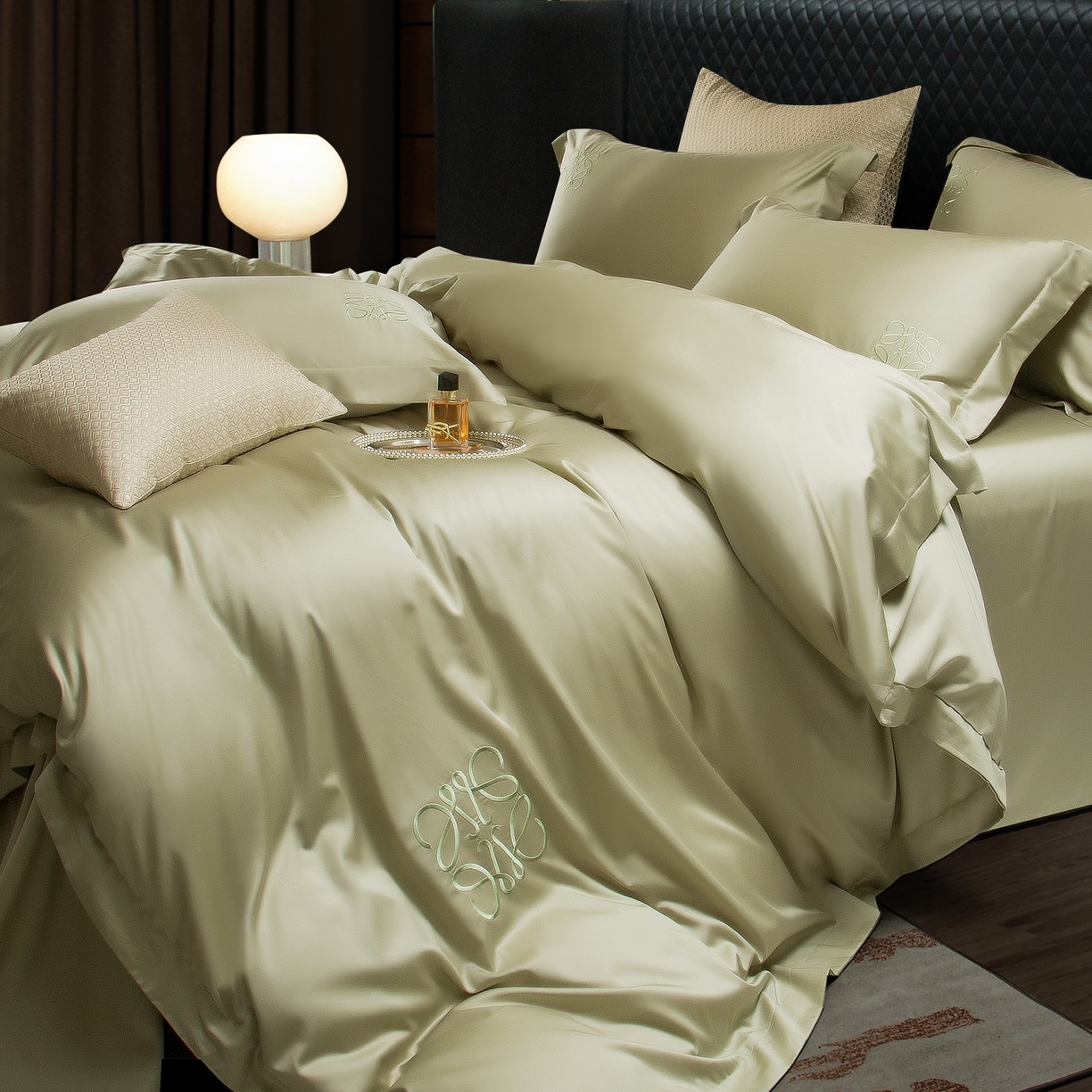 91家纺网 家纺一手货源 找家纺 莱豫家纺 2026春夏新款100s兰精天丝绣花四件套 罗意威抹茶绿