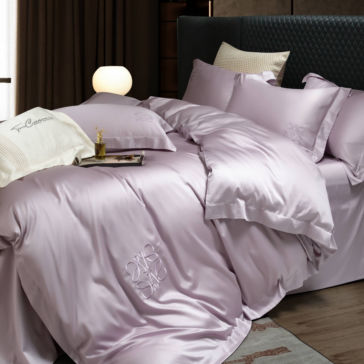 91家纺网 家纺一手货源 找家纺 莱豫家纺 2026春夏新款100s兰精天丝绣花四件套 罗意威紫