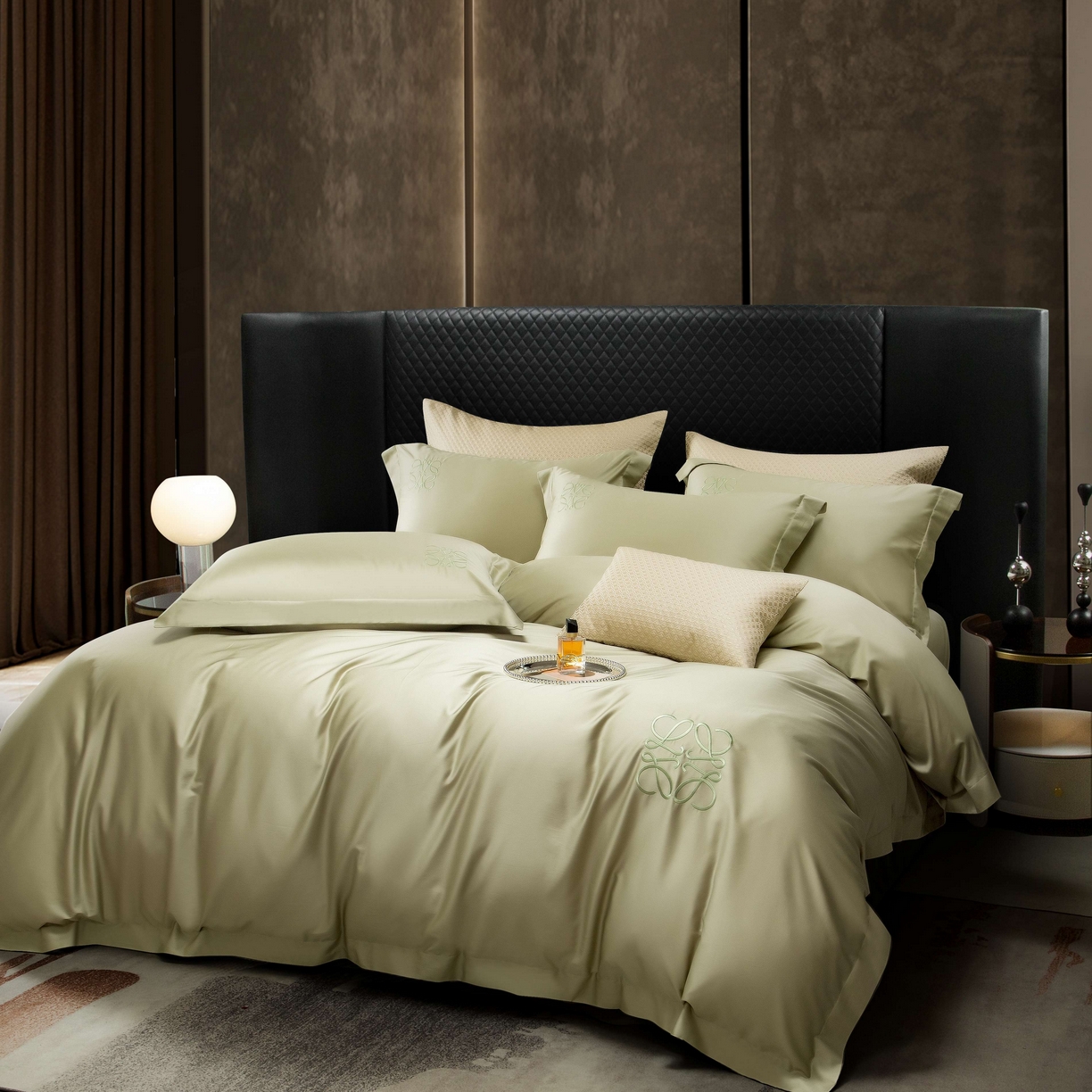 91家纺网 家纺一手货源 找家纺 莱豫家纺 2026春夏新款100s兰精天丝绣花四件套 罗意威抹茶绿