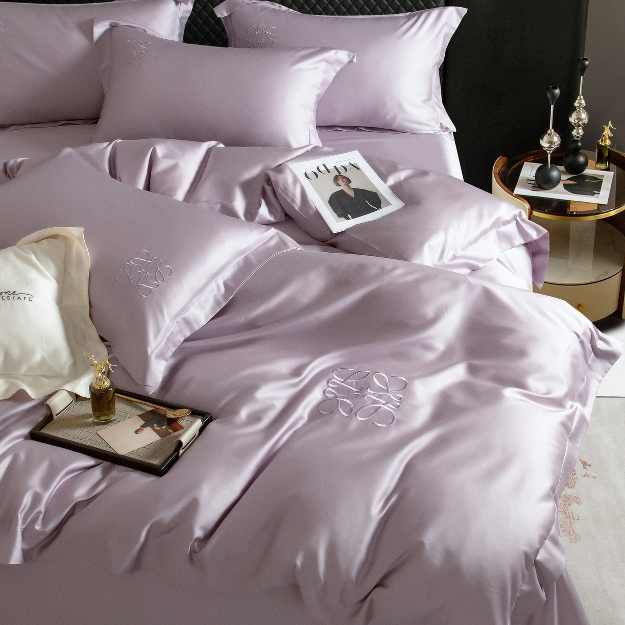 91家纺网 家纺一手货源 找家纺 莱豫家纺 2026春夏新款100s兰精天丝绣花四件套 罗意威紫