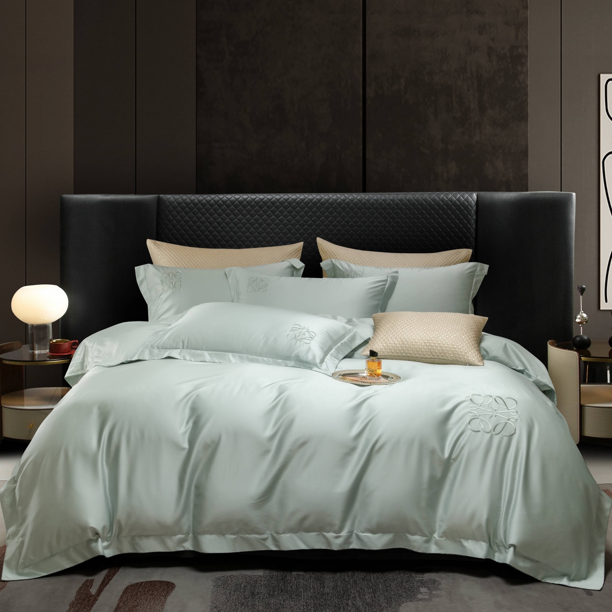 91家纺网 家纺一手货源 找家纺 莱豫家纺 2026春夏新款100s兰精天丝绣花四件套 罗意威水蓝