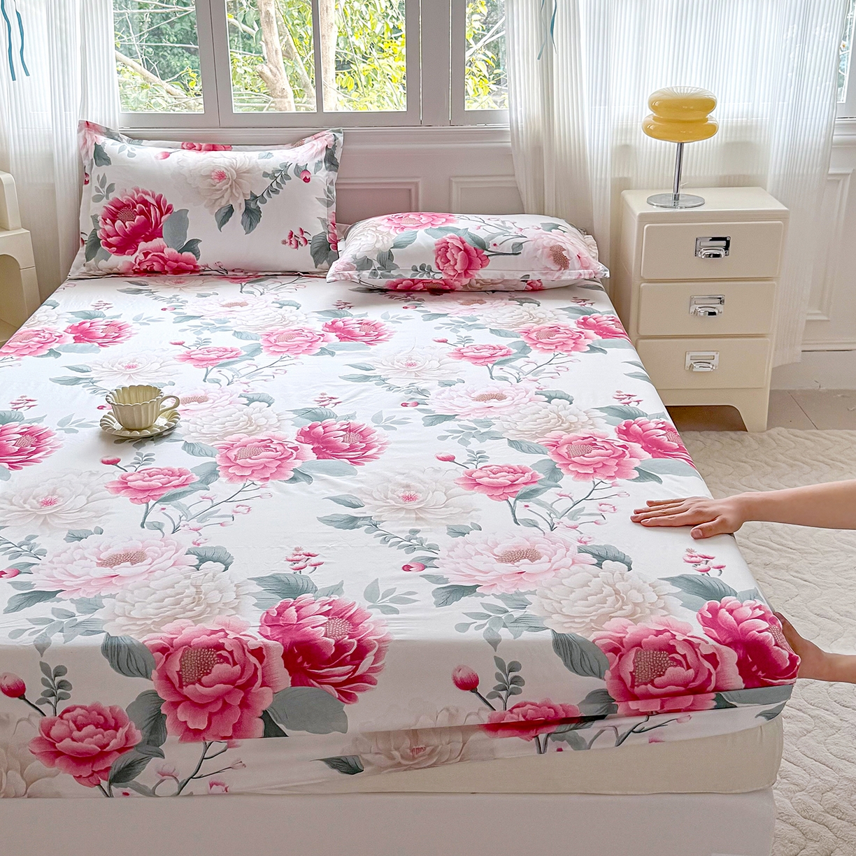 91家纺网 家纺一手货源 找家纺 梵巢家纺 芦荟棉床笠单床笠，外贸跨境单床笠磨毛床笠印花床笠床笠三件套 花开富贵