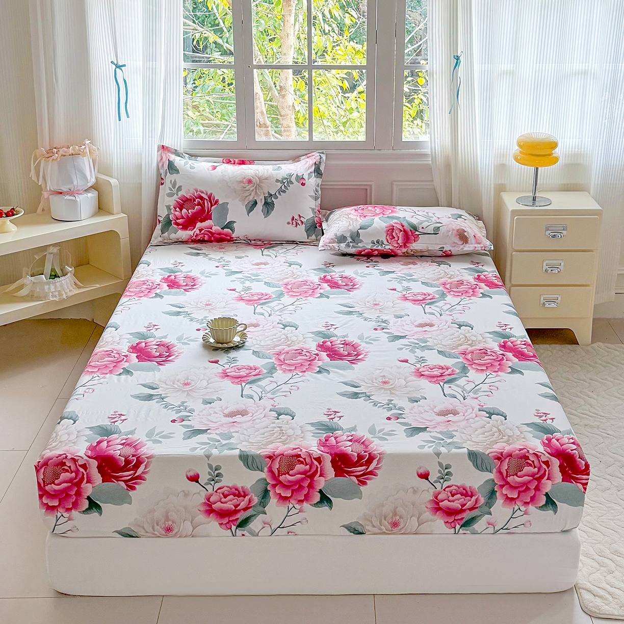 梵巢家纺 芦荟棉床笠单床笠，外贸跨境单床笠磨毛床笠印花床笠床笠三件套 花开富贵