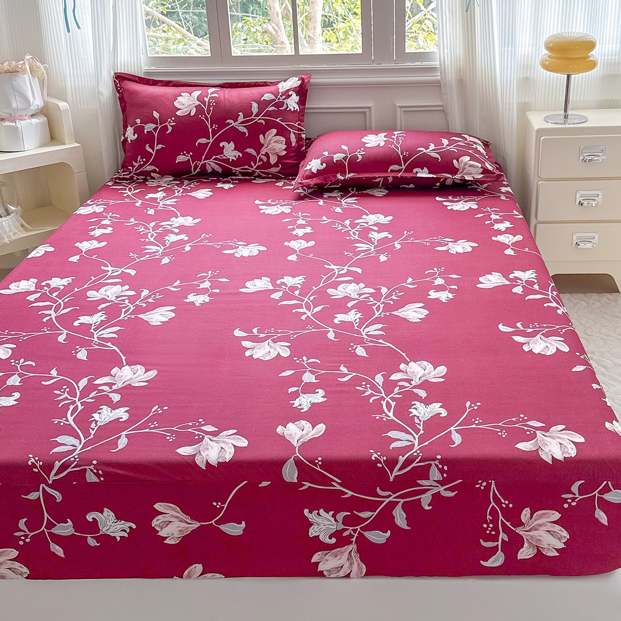 91家纺网 家纺一手货源 找家纺 梵巢家纺 芦荟棉床笠单床笠，外贸跨境单床笠磨毛床笠印花床笠床笠三件套 酒红玉枝