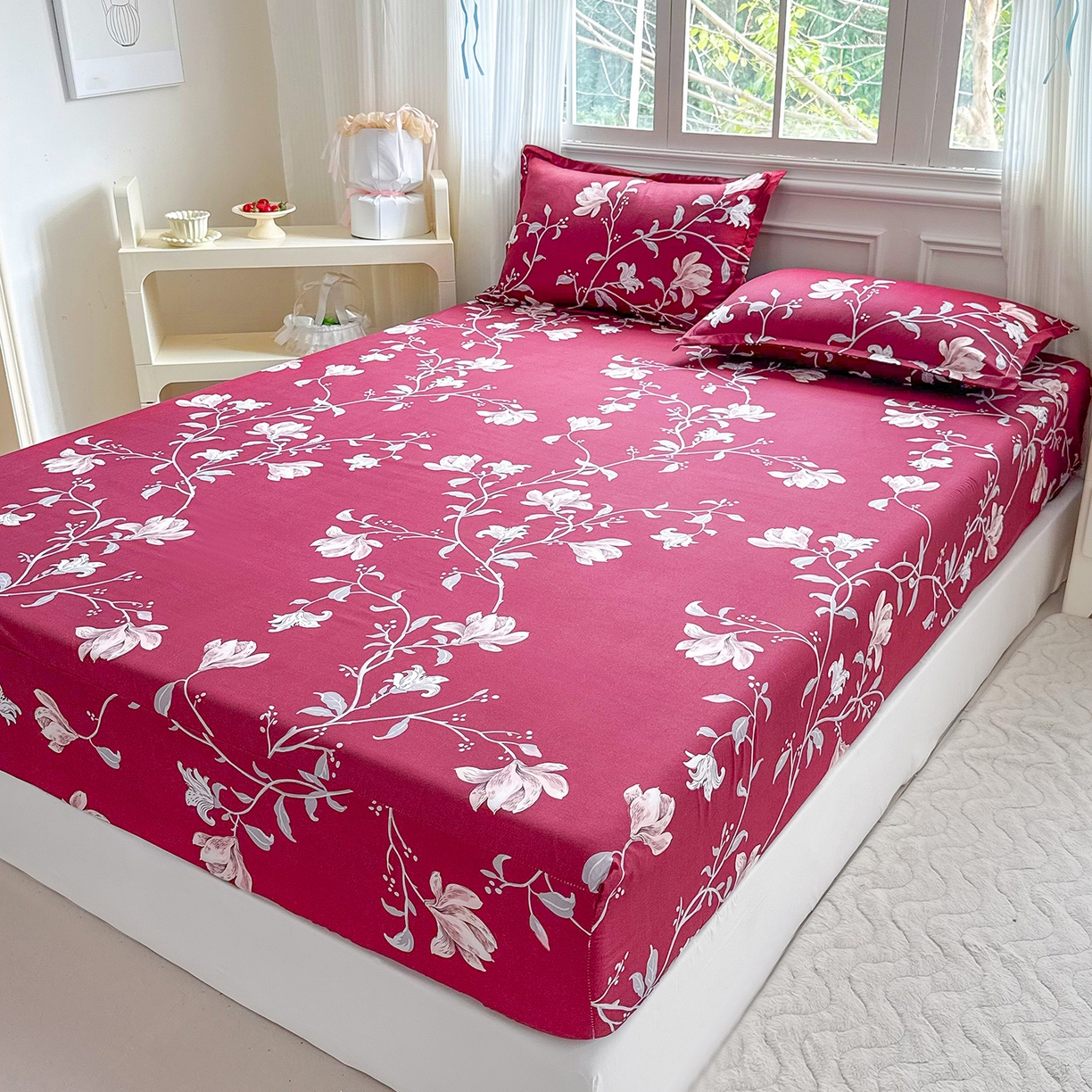 91家纺网 家纺一手货源 找家纺 梵巢家纺 芦荟棉床笠单床笠，外贸跨境单床笠磨毛床笠印花床笠床笠三件套 酒红玉枝