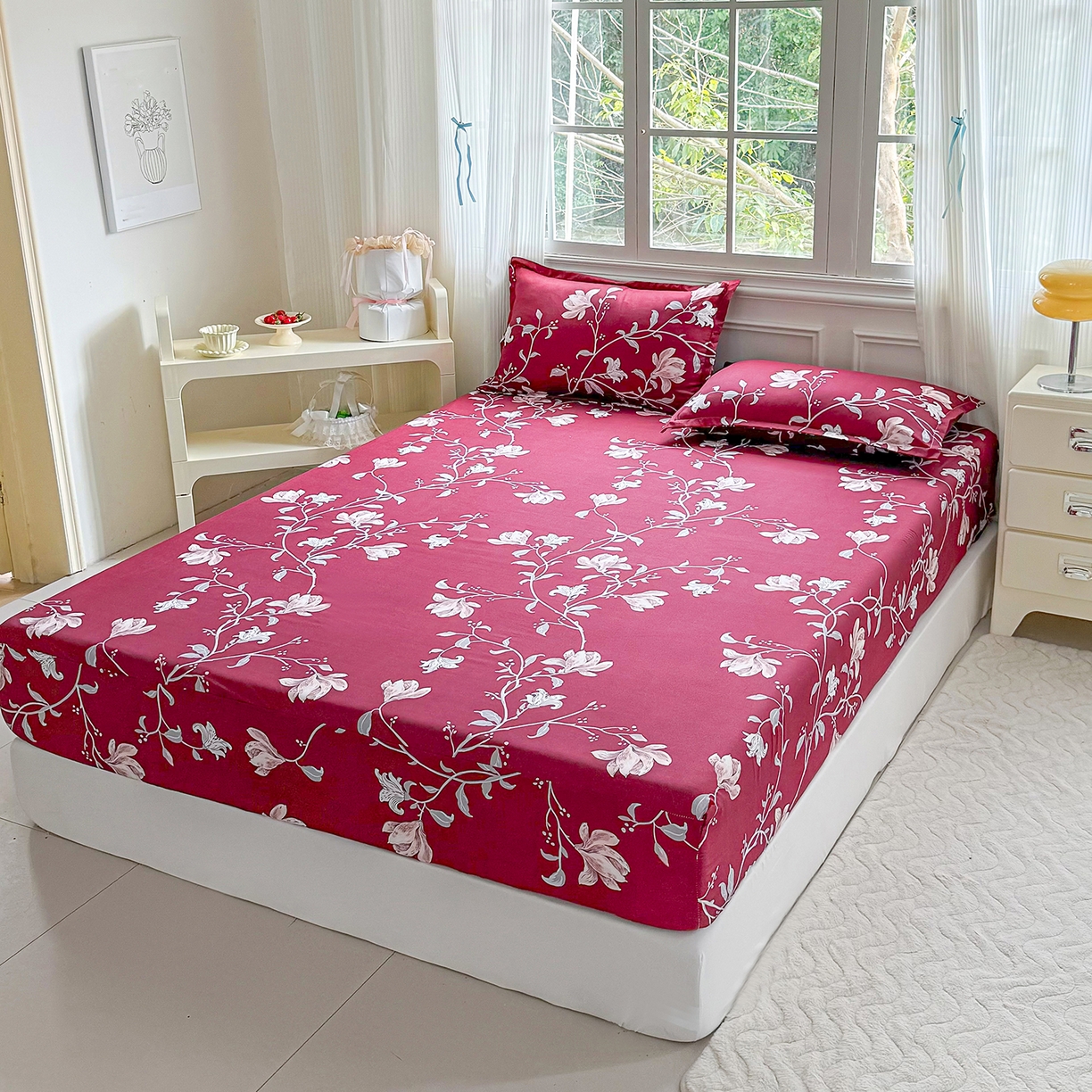 91家纺网 家纺一手货源 找家纺 梵巢家纺 芦荟棉床笠单床笠，外贸跨境单床笠磨毛床笠印花床笠床笠三件套 酒红玉枝