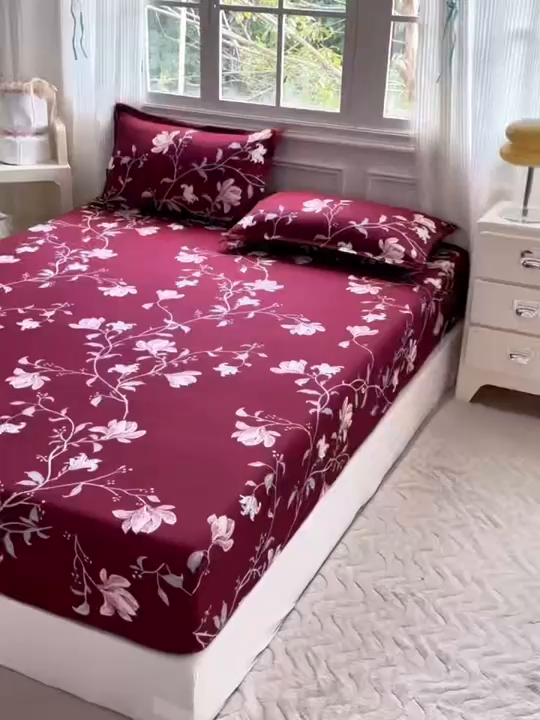 91家纺网 家纺一手货源 找家纺 梵巢家纺 芦荟棉床笠单床笠，外贸跨境单床笠磨毛床笠印花床笠床笠三件套 酒红玉枝