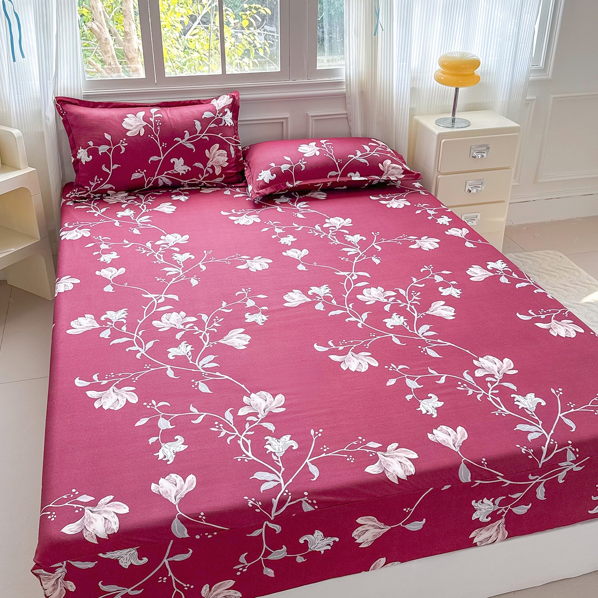 91家纺网 家纺一手货源 找家纺 梵巢家纺 芦荟棉床笠单床笠，外贸跨境单床笠磨毛床笠印花床笠床笠三件套 酒红玉枝