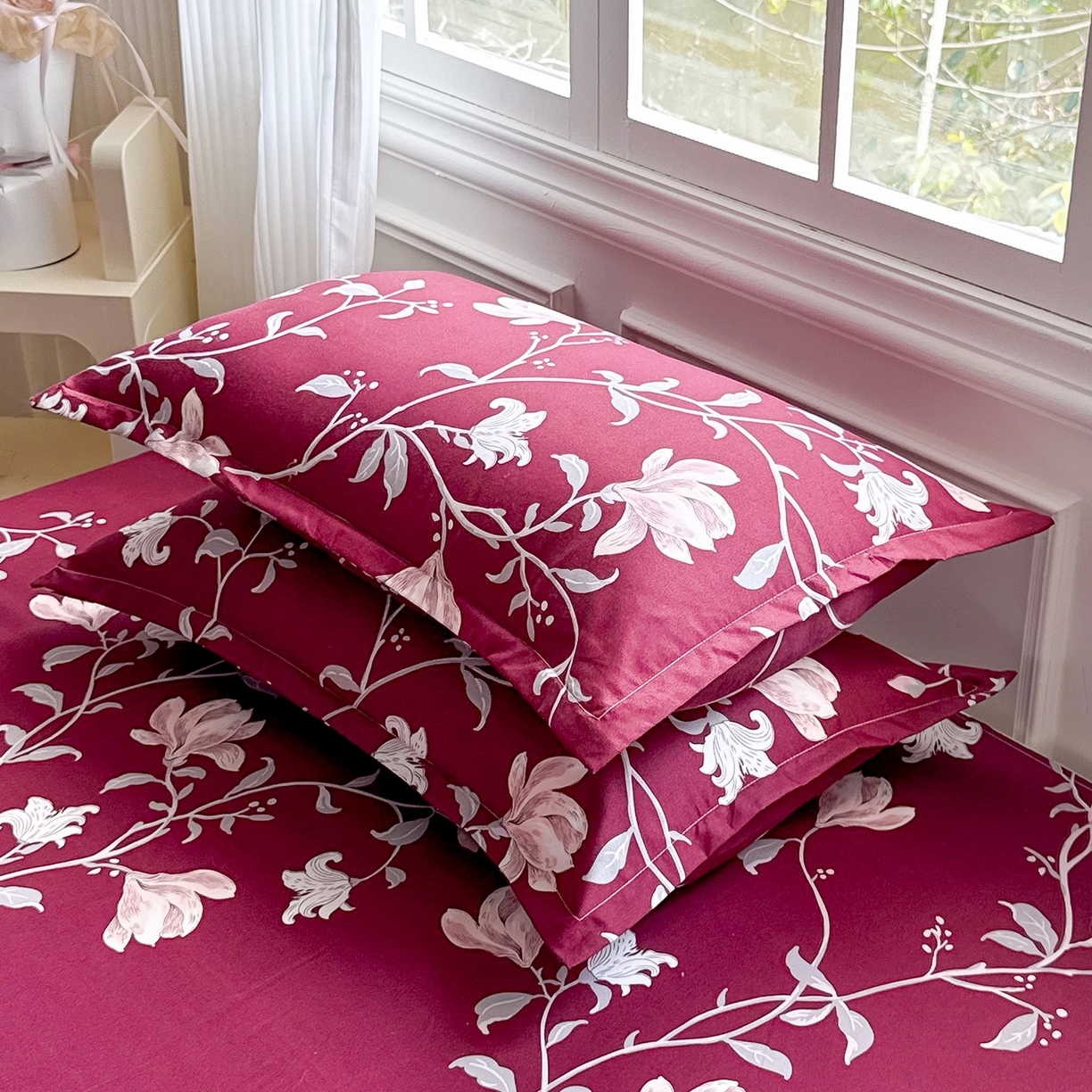 91家纺网 家纺一手货源 找家纺 梵巢家纺 芦荟棉床笠单床笠，外贸跨境单床笠磨毛床笠印花床笠床笠三件套 酒红玉枝