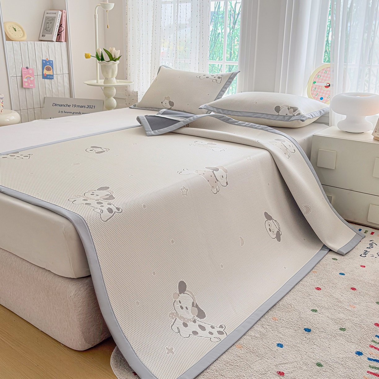 91家纺网 家纺一手货源 找家纺 小萌虎 2026新款乙纶PE提花冰豆豆凉席卡通床席款 腊肠狗-咖