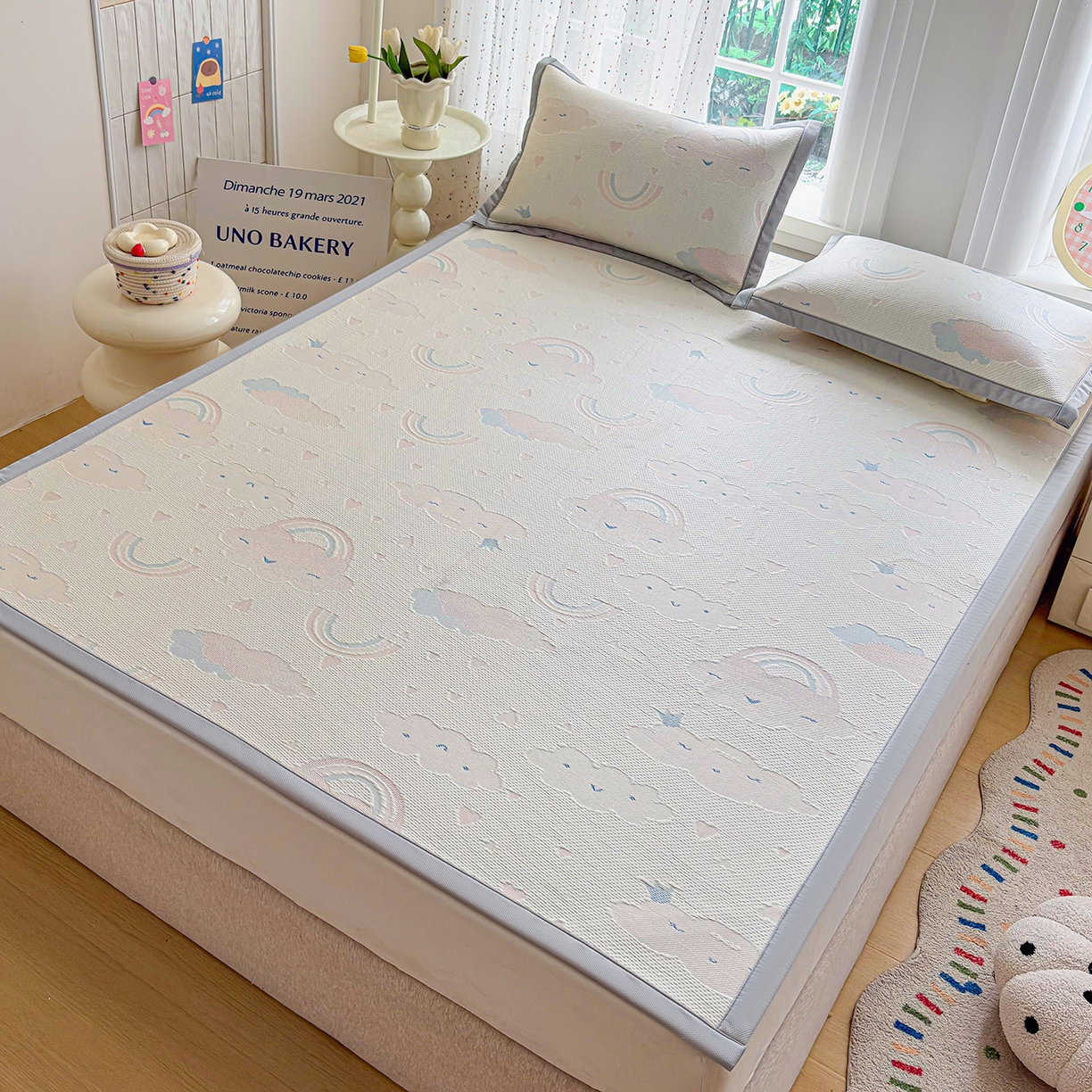 91家纺网 家纺一手货源 找家纺 小萌虎 2026新款乙纶PE提花冰豆豆凉席卡通床席款 彩虹