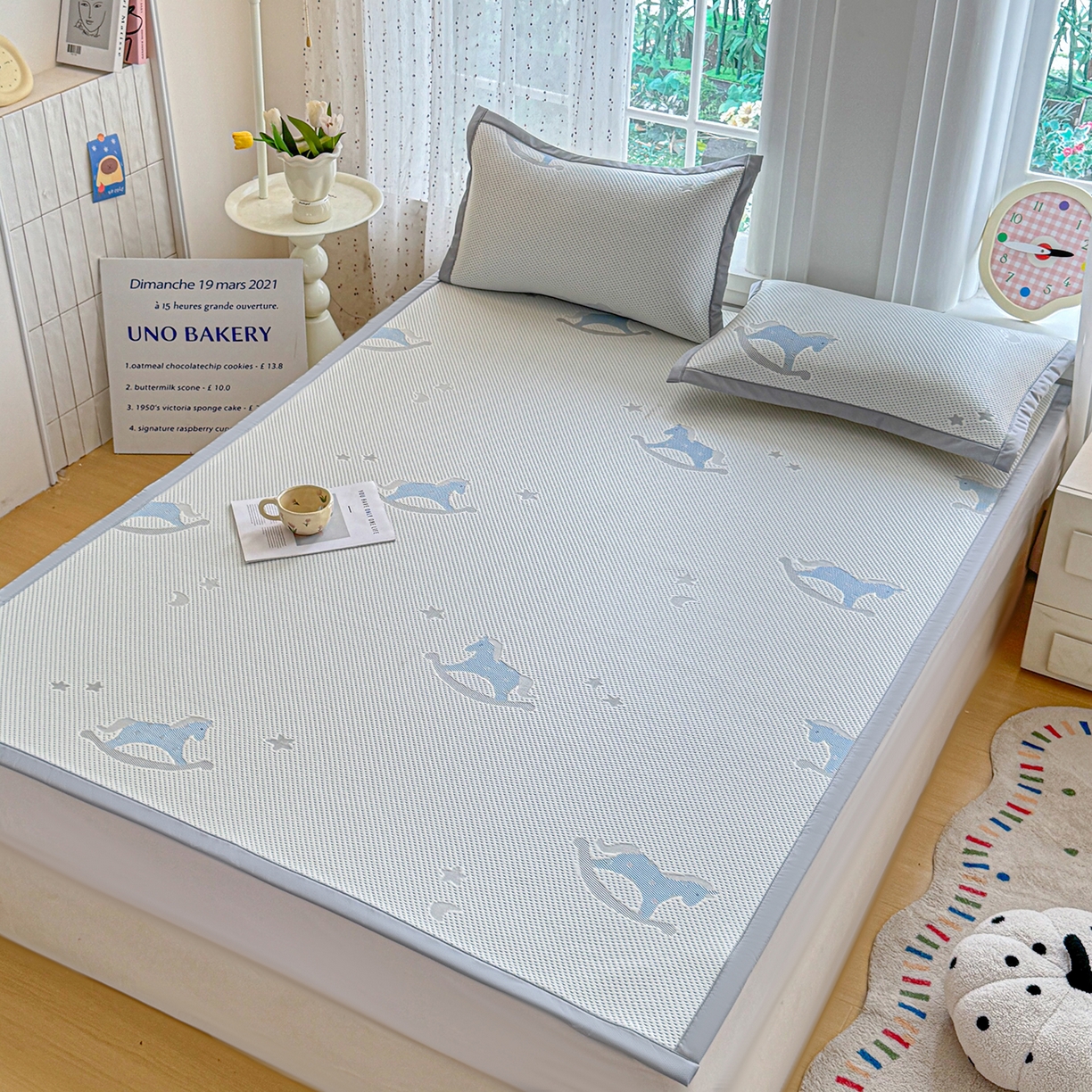 91家纺网 家纺一手货源 找家纺 小萌虎 2026新款乙纶PE提花冰豆豆凉席卡通床席款 摇摇马-蓝