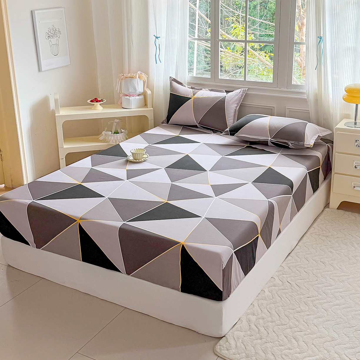 91家纺网 家纺一手货源 找家纺 梵巢家纺 芦荟棉床笠单床笠，外贸跨境单床笠磨毛床笠印花床笠床笠三件套 钻石格