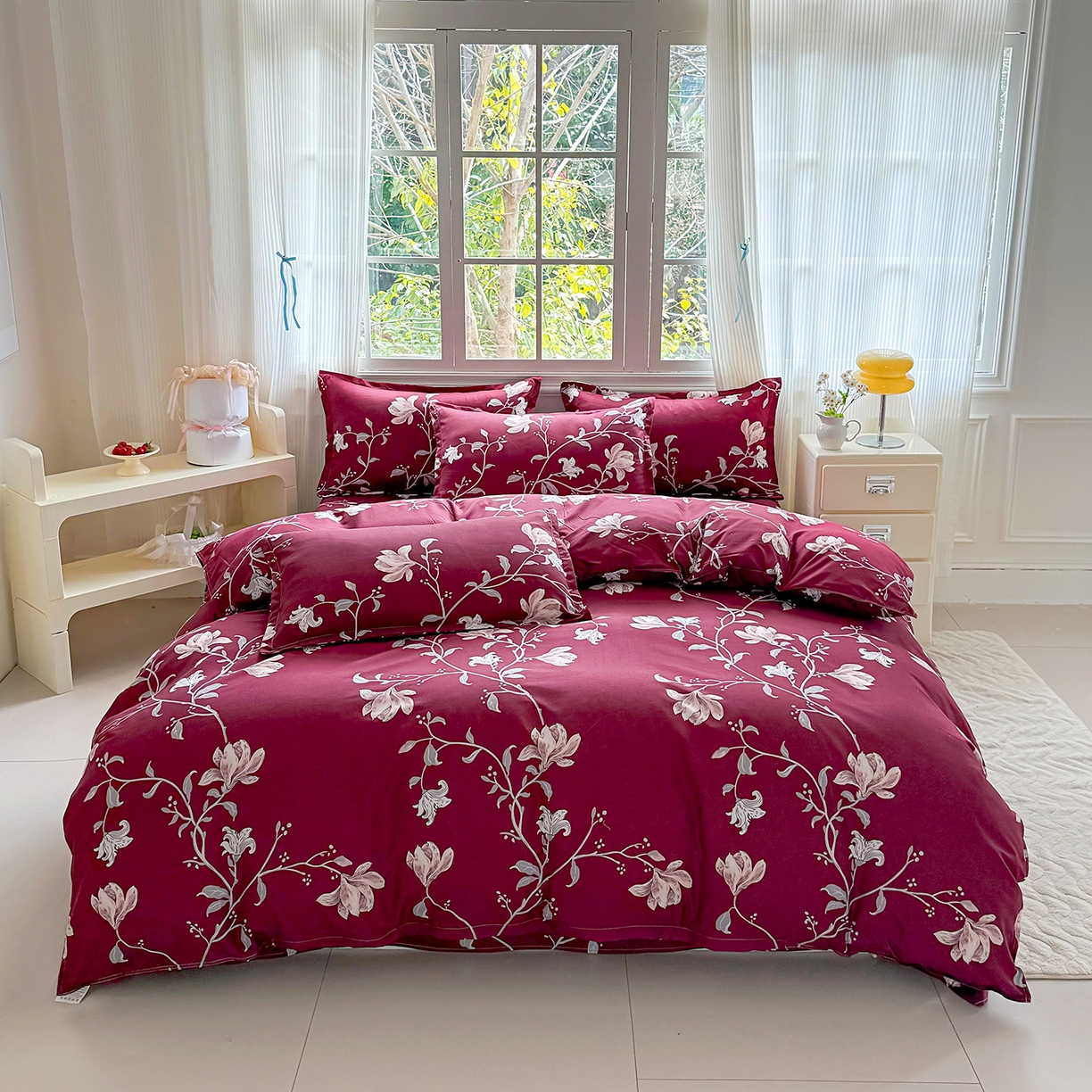 91家纺网 家纺一手货源 找家纺 梵巢家纺 芦荟棉三四件套，床单，被套，枕套化纤四件套 酒红玉枝