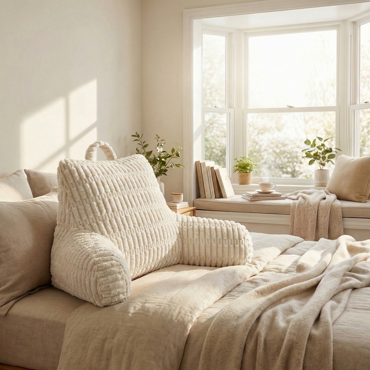 91家纺网 家纺一手货源 找家纺 囍莱家纺 2026新款胖胖条腰靠 （不供1688） 米白