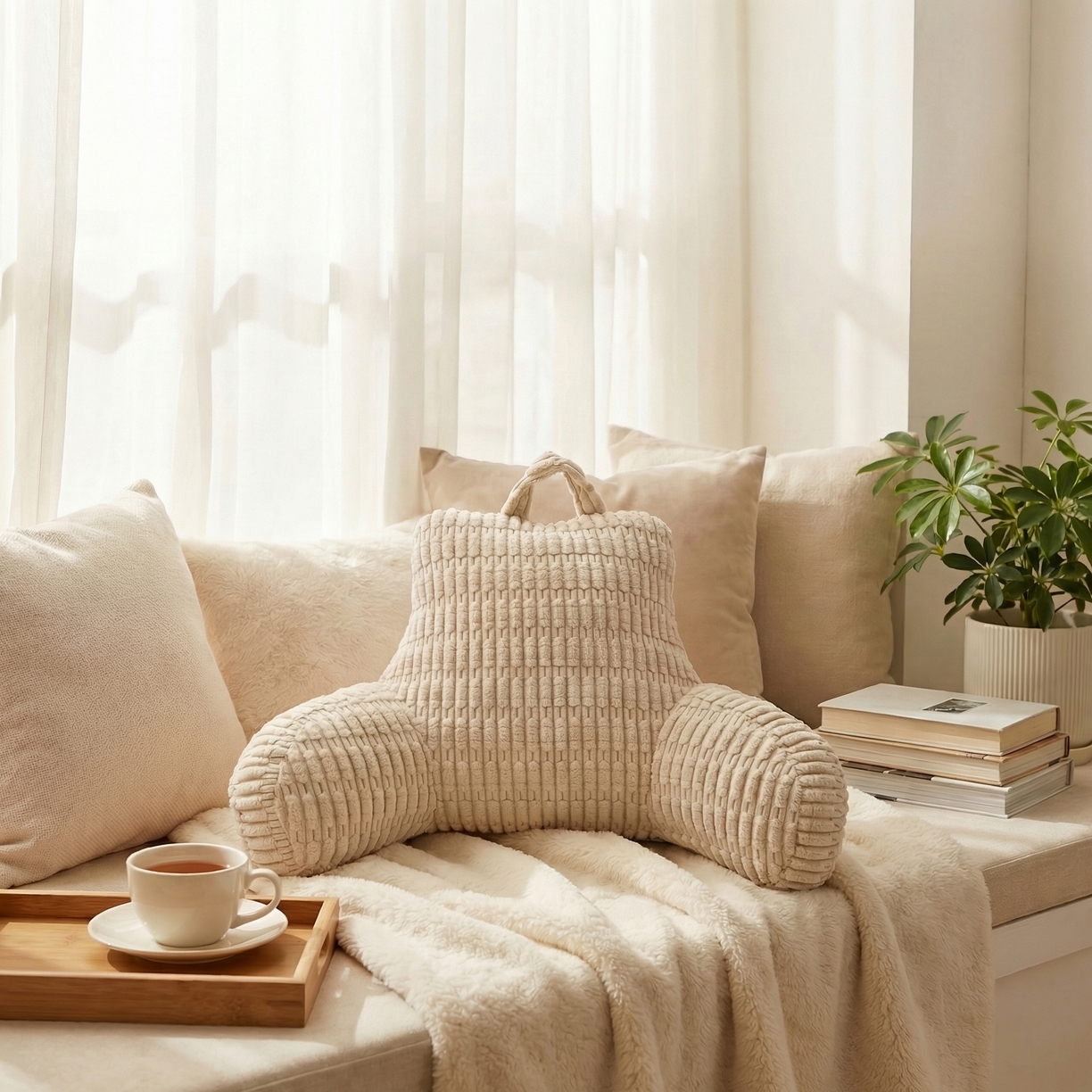 91家纺网 家纺一手货源 找家纺 囍莱家纺 2026新款胖胖条腰靠 （不供1688） 米白