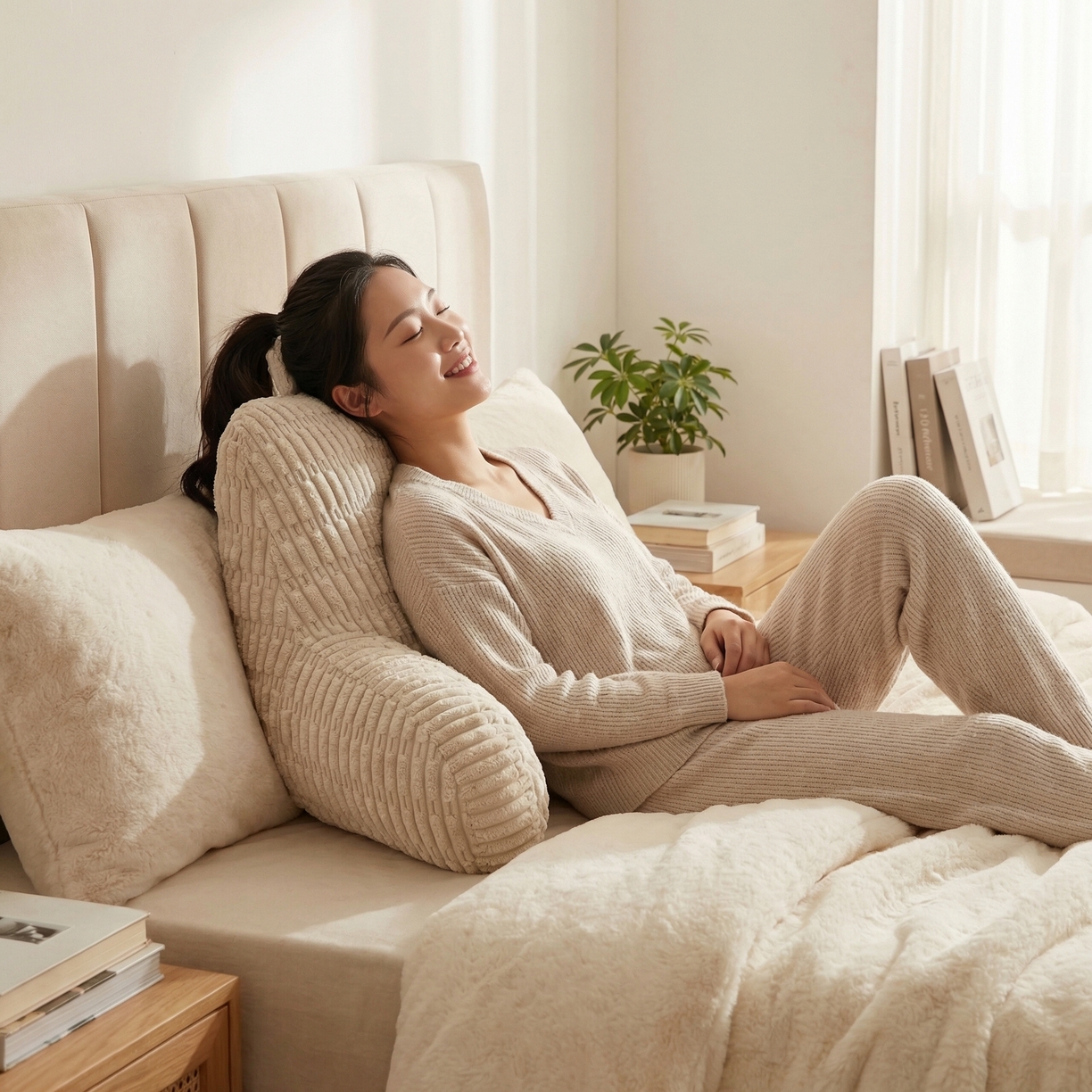 91家纺网 家纺一手货源 找家纺 囍莱家纺 2026新款胖胖条腰靠 （不供1688） 米白