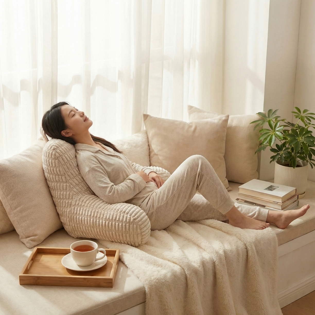 91家纺网 家纺一手货源 找家纺 囍莱家纺 2026新款胖胖条腰靠 （不供1688） 米白