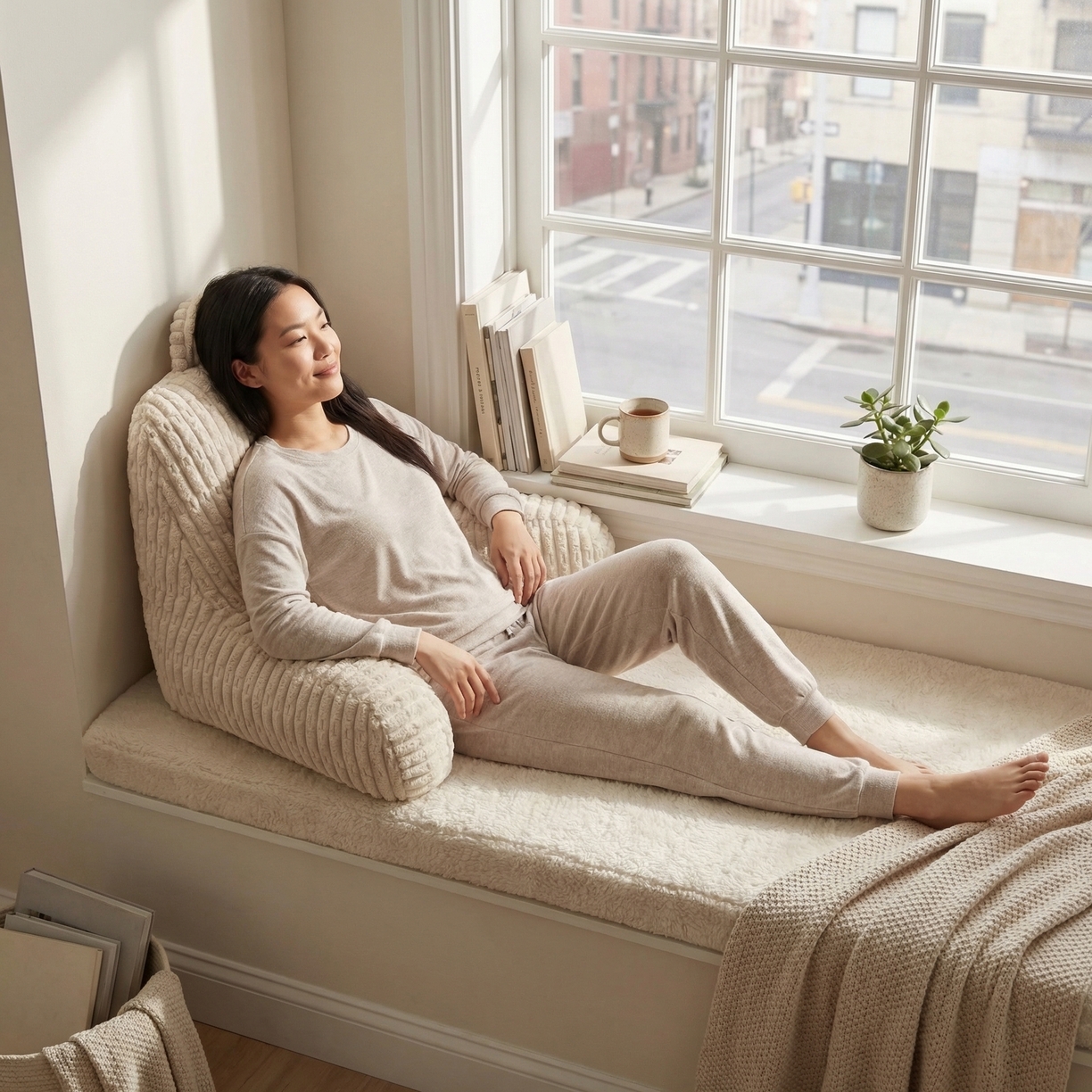 91家纺网 家纺一手货源 找家纺 囍莱家纺 2026新款胖胖条腰靠 （不供1688） 米白