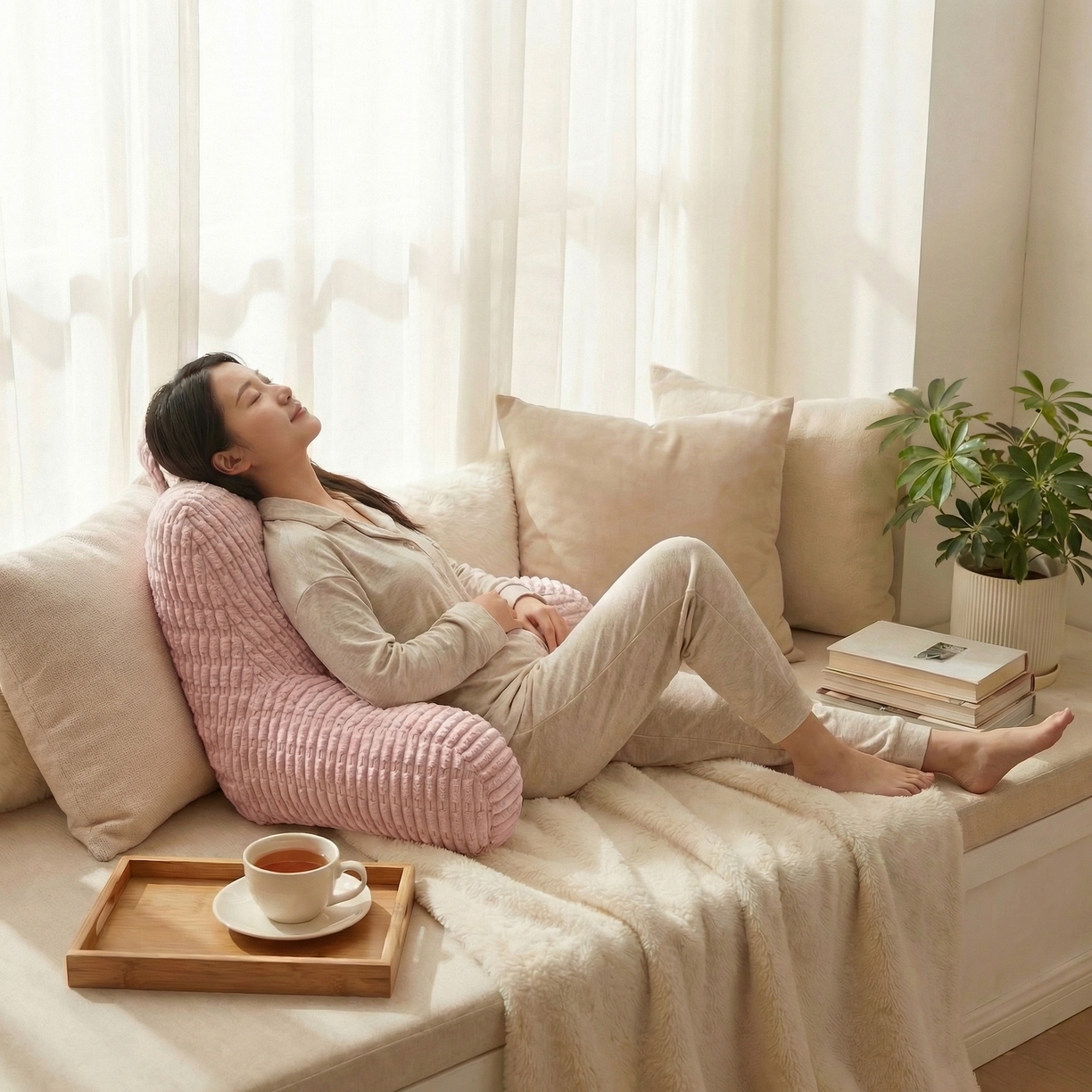 91家纺网 家纺一手货源 找家纺 囍莱家纺 2026新款胖胖条腰靠 （不供1688） 桃红