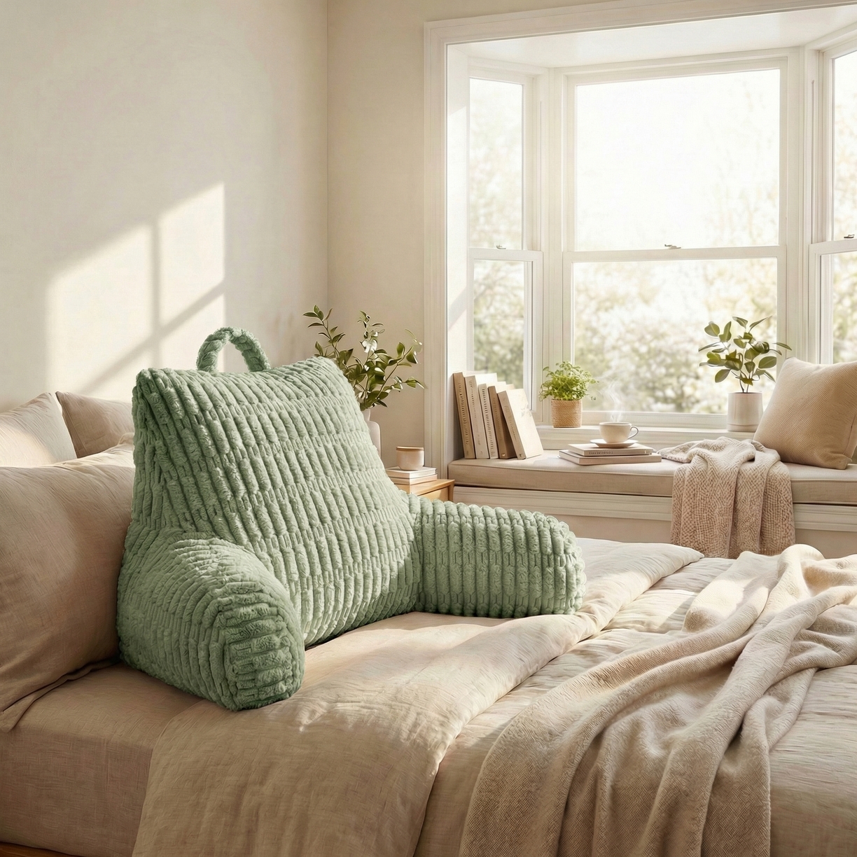 91家纺网 家纺一手货源 找家纺 囍莱家纺 2026新款胖胖条腰靠 （不供1688） 果绿