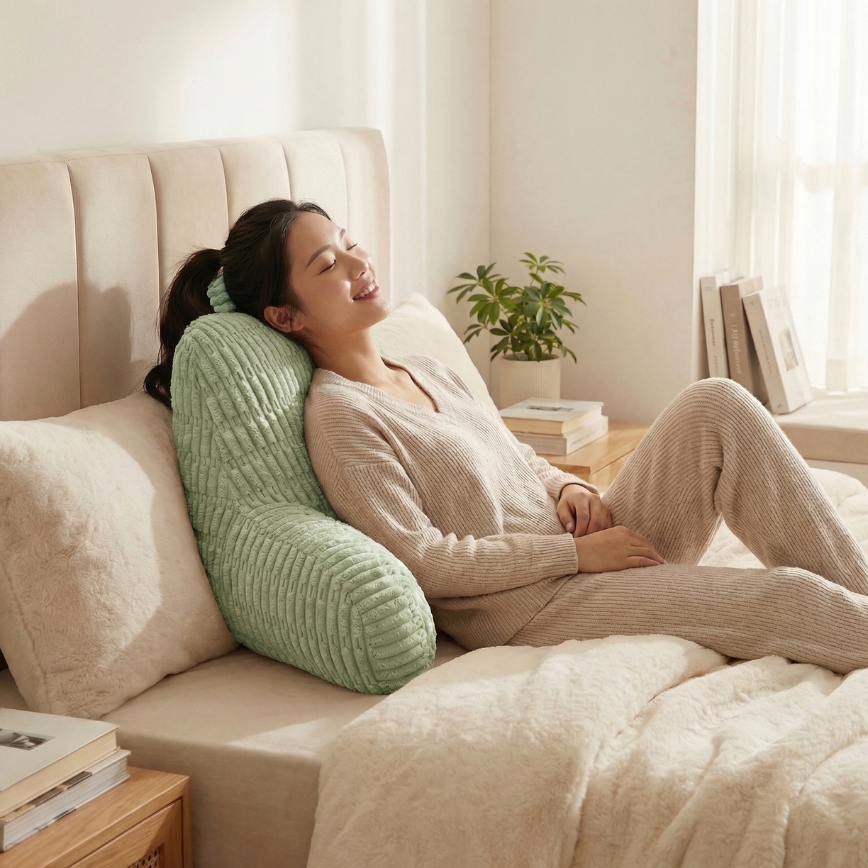 91家纺网 家纺一手货源 找家纺 囍莱家纺 2026新款胖胖条腰靠 （不供1688） 果绿