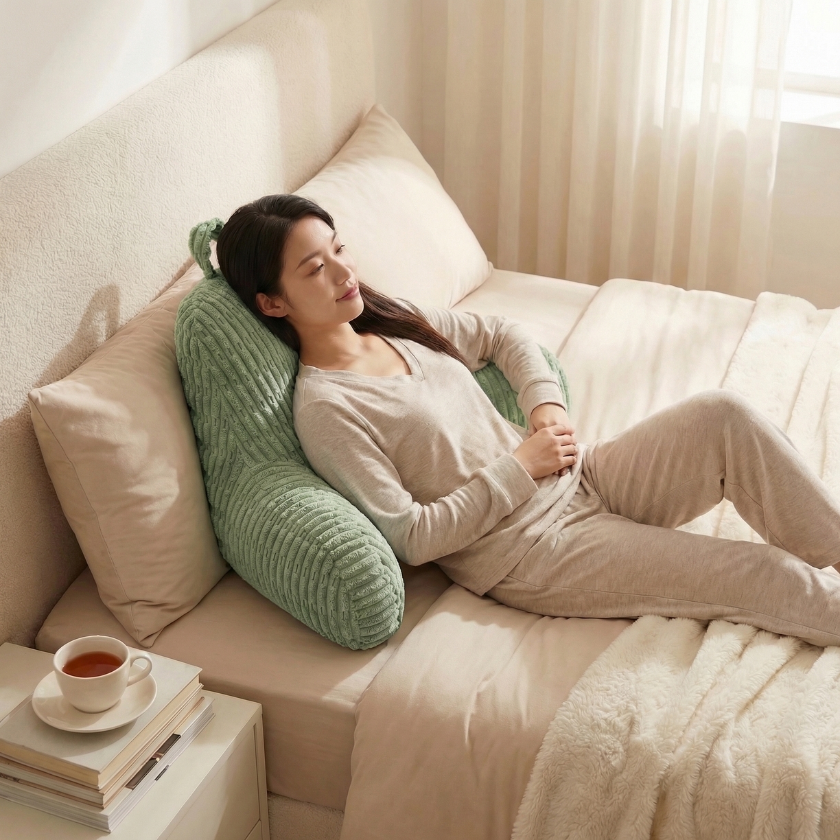 91家纺网 家纺一手货源 找家纺 囍莱家纺 2026新款胖胖条腰靠 （不供1688） 果绿