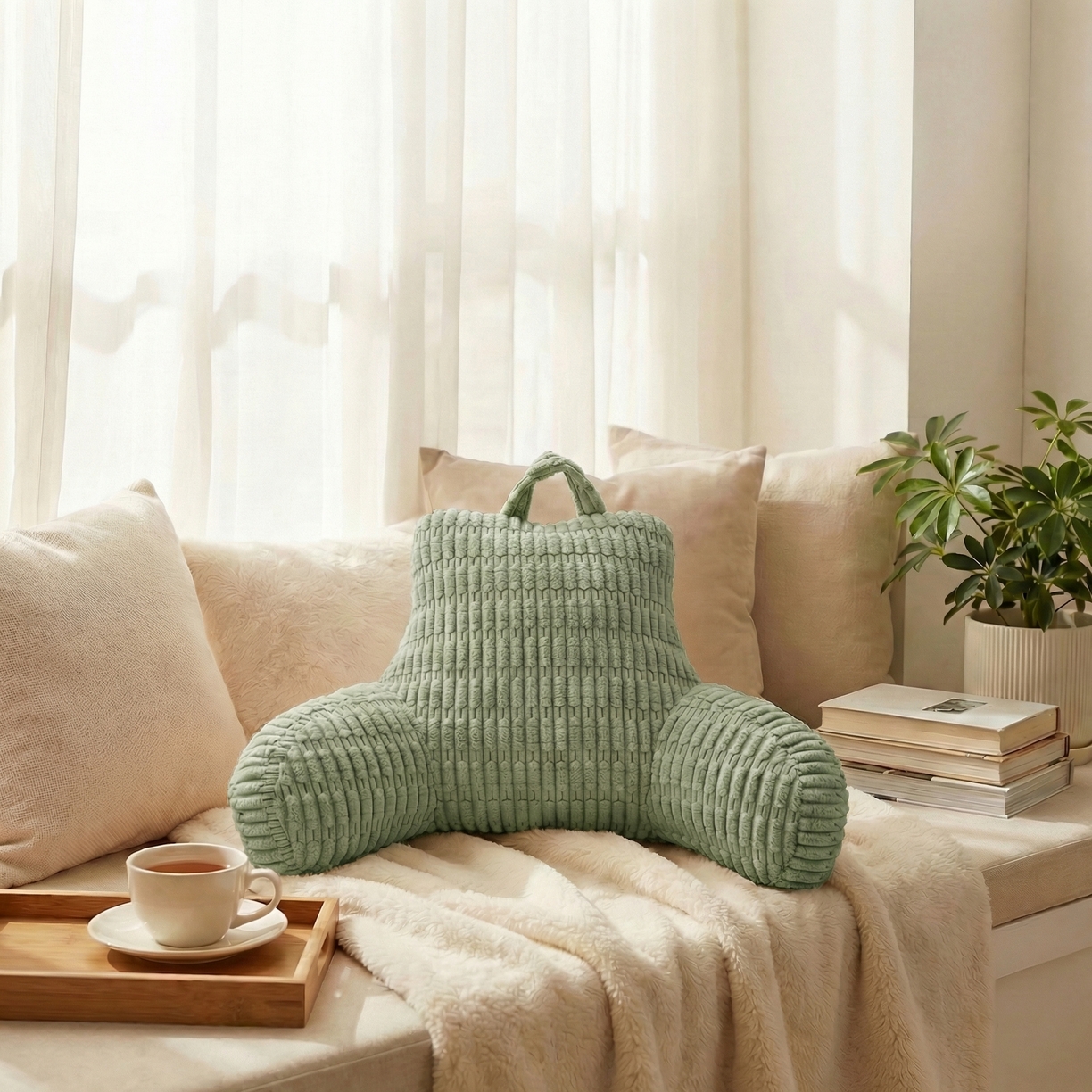 91家纺网 家纺一手货源 找家纺 囍莱家纺 2026新款胖胖条腰靠 （不供1688） 果绿