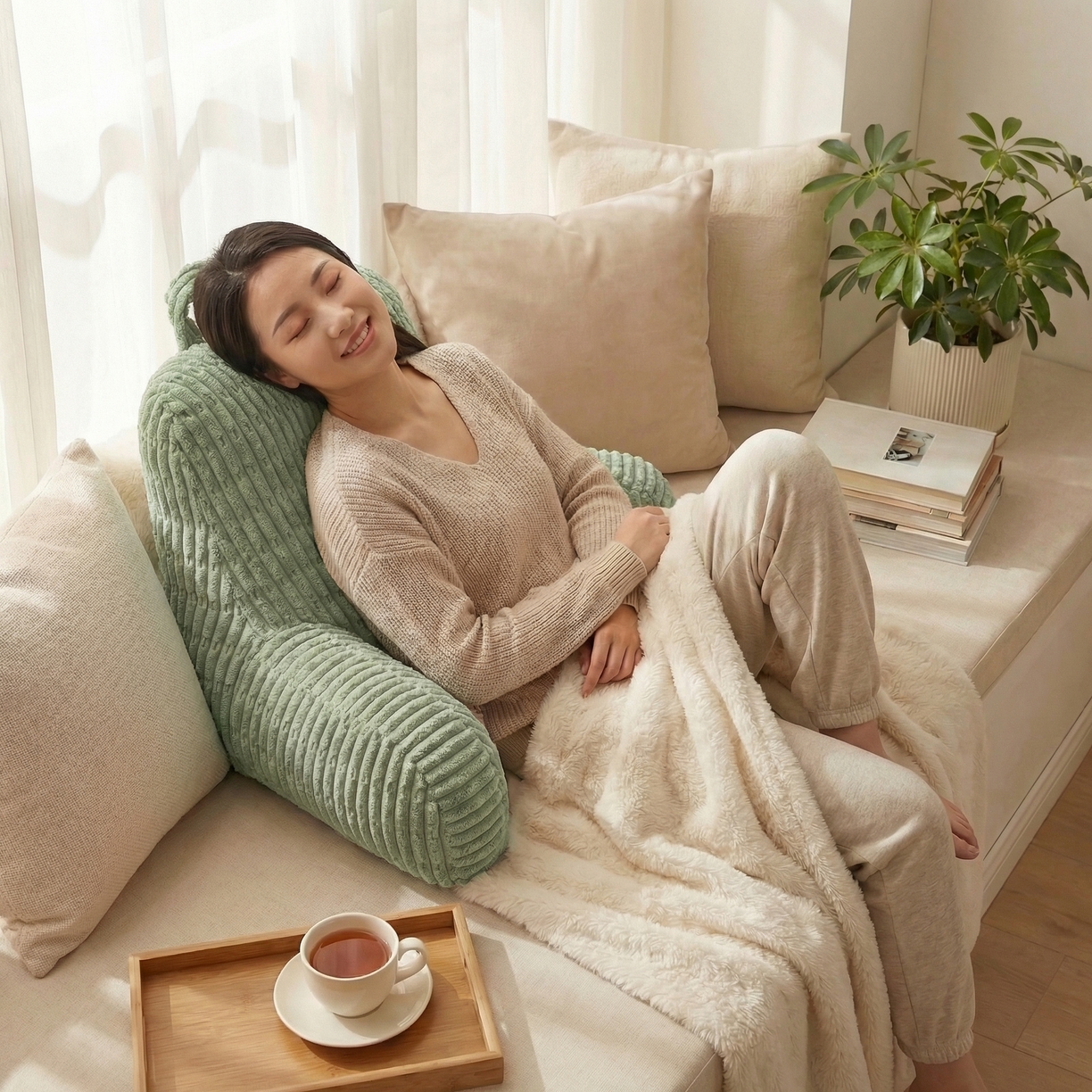 91家纺网 家纺一手货源 找家纺 囍莱家纺 2026新款胖胖条腰靠 （不供1688） 果绿