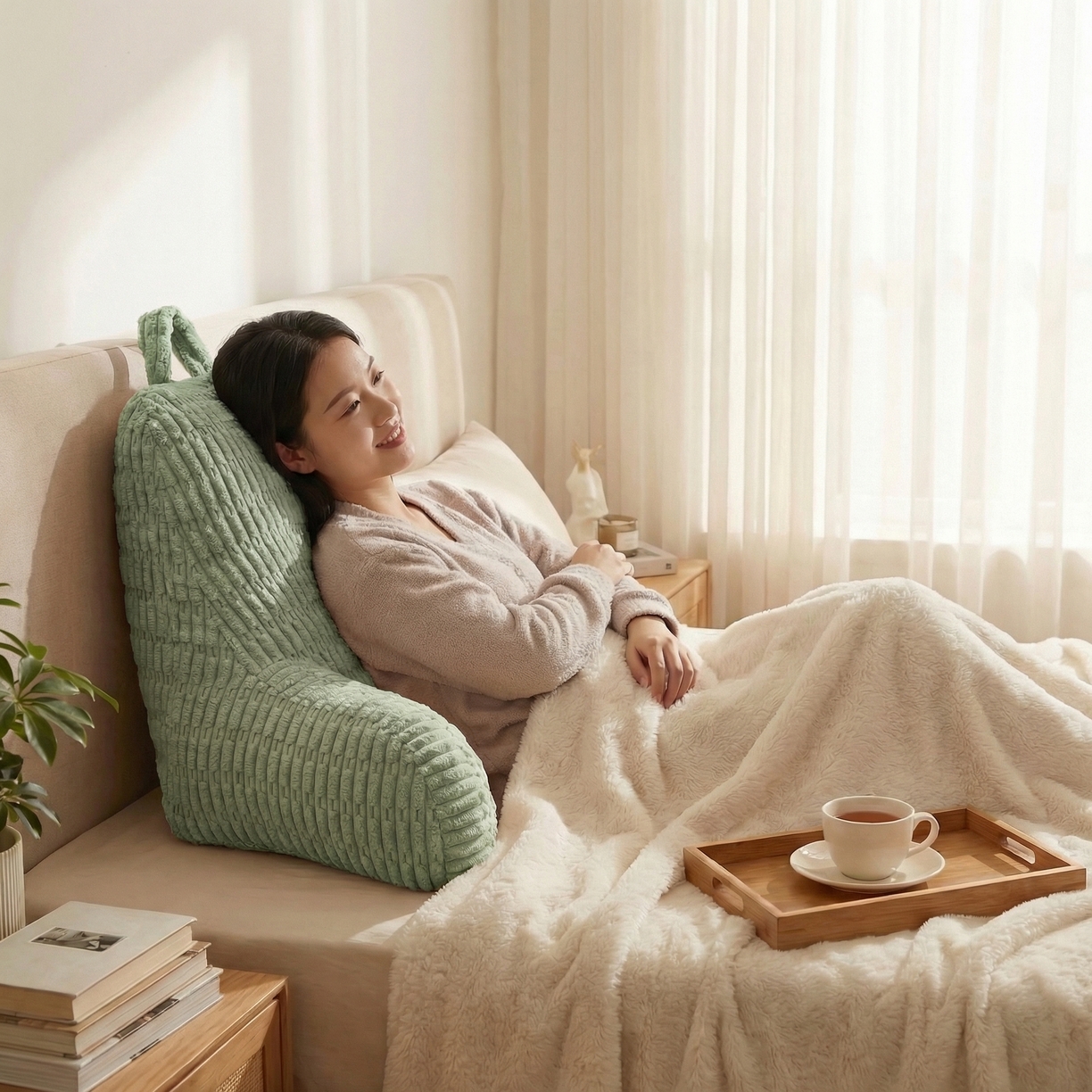 91家纺网 家纺一手货源 找家纺 囍莱家纺 2026新款胖胖条腰靠 （不供1688） 果绿