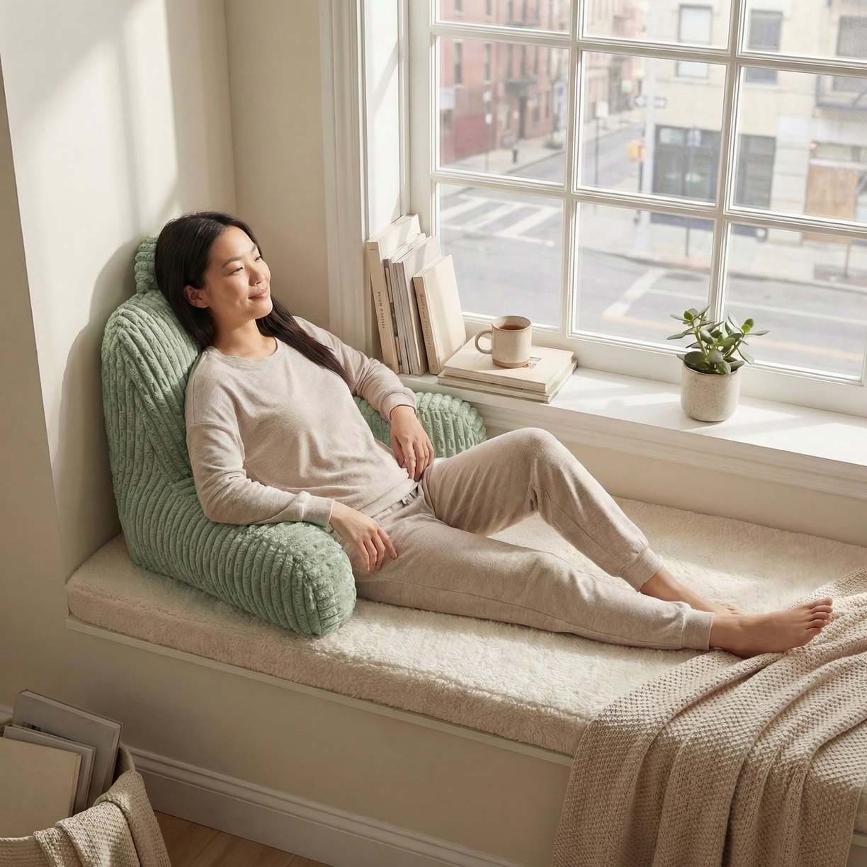 91家纺网 家纺一手货源 找家纺 囍莱家纺 2026新款胖胖条腰靠 （不供1688） 果绿