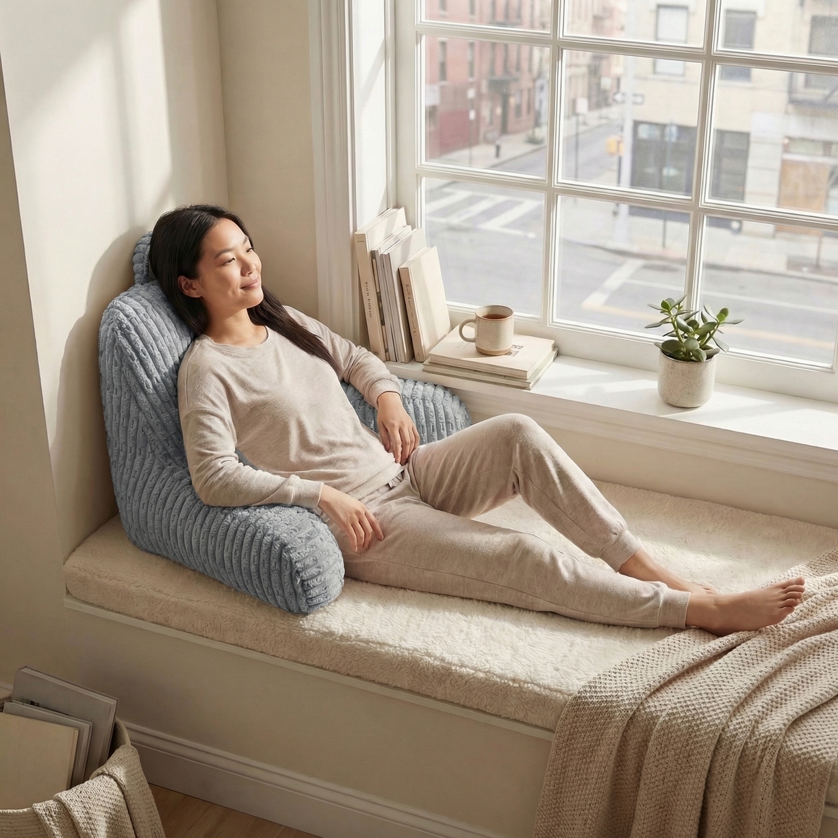 91家纺网 家纺一手货源 找家纺 囍莱家纺 2026新款胖胖条腰靠 （不供1688） 蓝灰