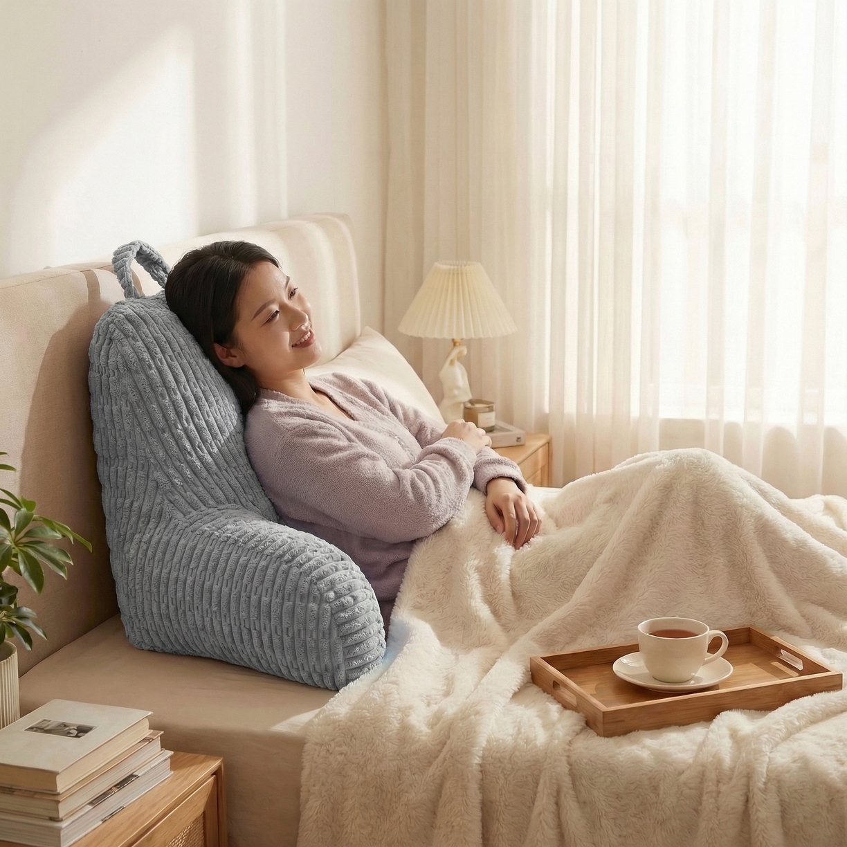 91家纺网 家纺一手货源 找家纺 囍莱家纺 2026新款胖胖条腰靠 （不供1688） 蓝灰