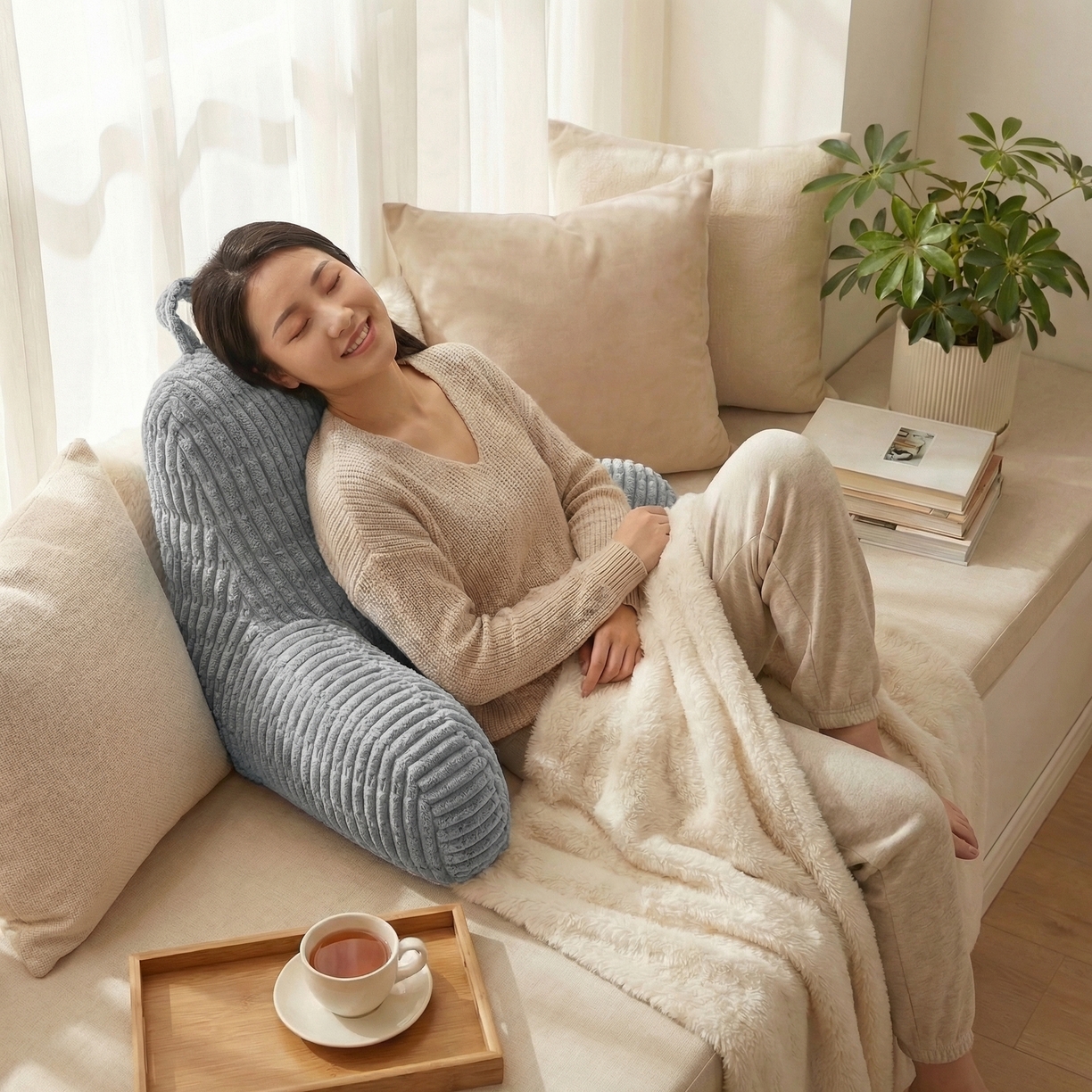 91家纺网 家纺一手货源 找家纺 囍莱家纺 2026新款胖胖条腰靠 （不供1688） 蓝灰