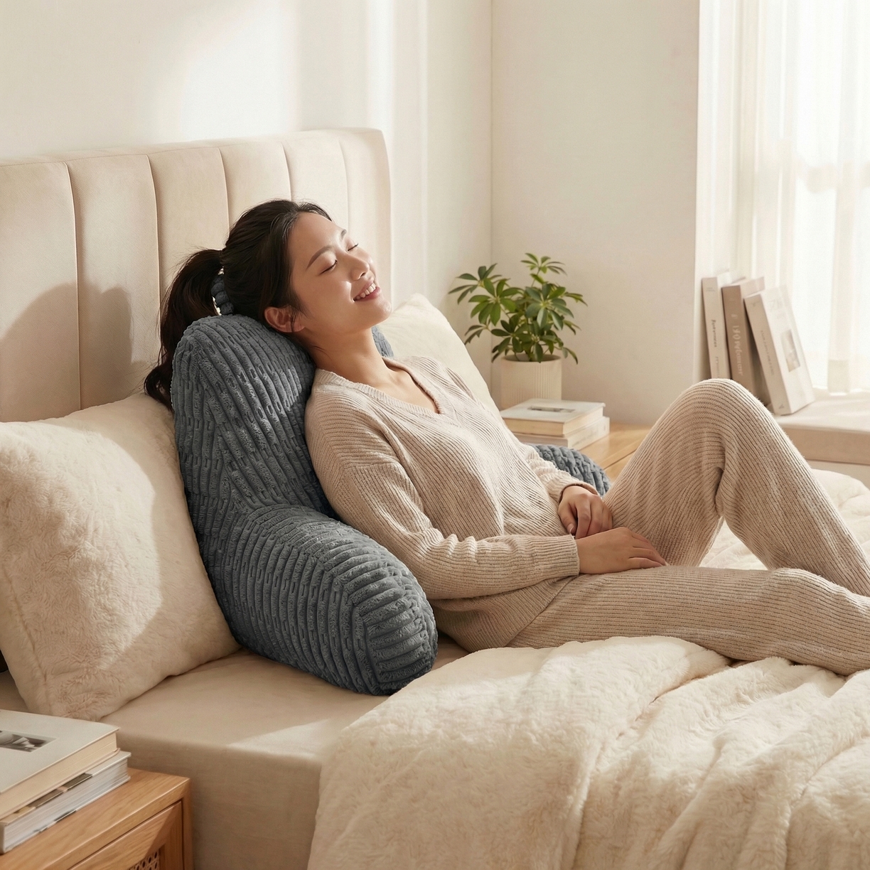 91家纺网 家纺一手货源 找家纺 囍莱家纺 2026新款胖胖条腰靠 （不供1688） 蓝灰