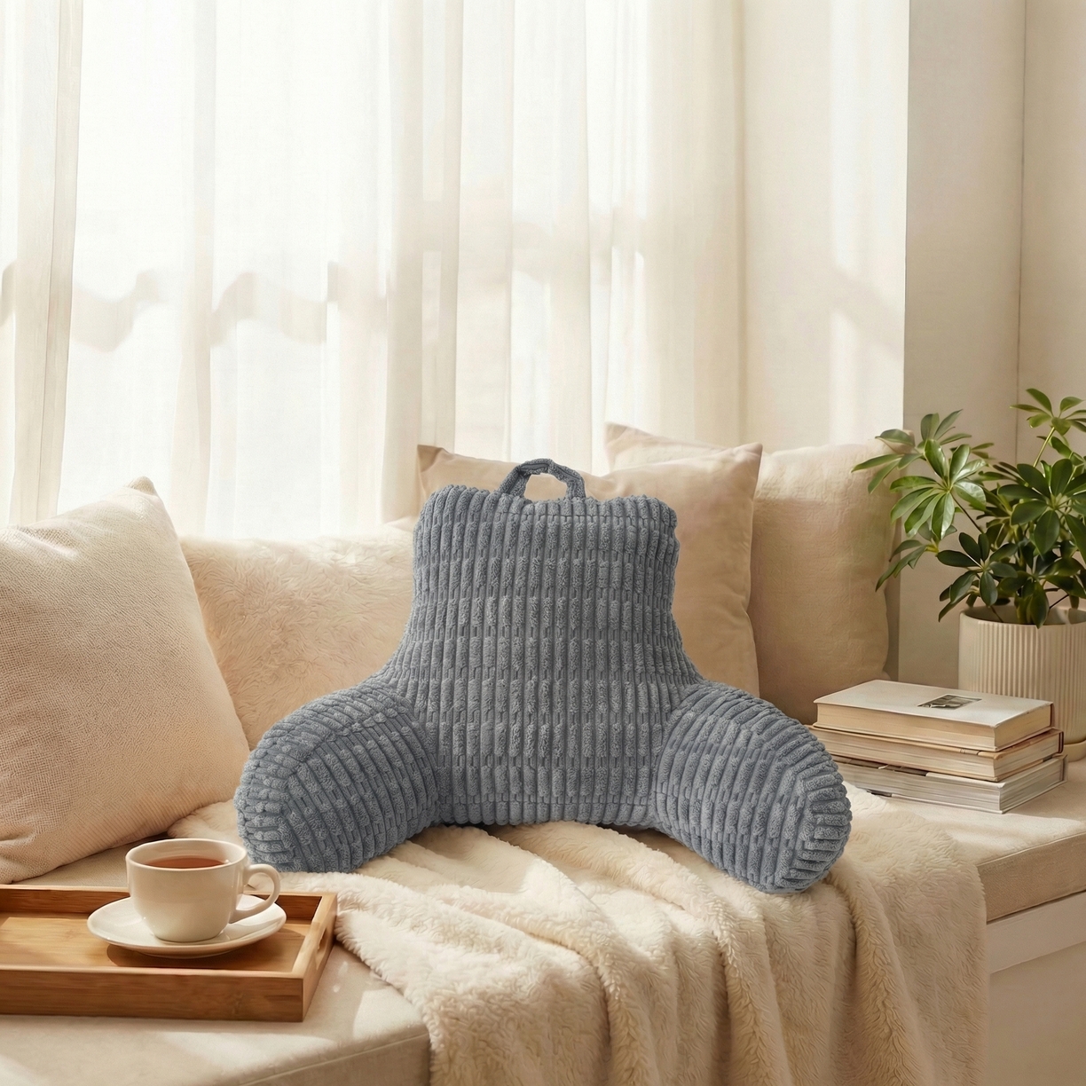 91家纺网 家纺一手货源 找家纺 囍莱家纺 2026新款胖胖条腰靠 （不供1688） 蓝灰