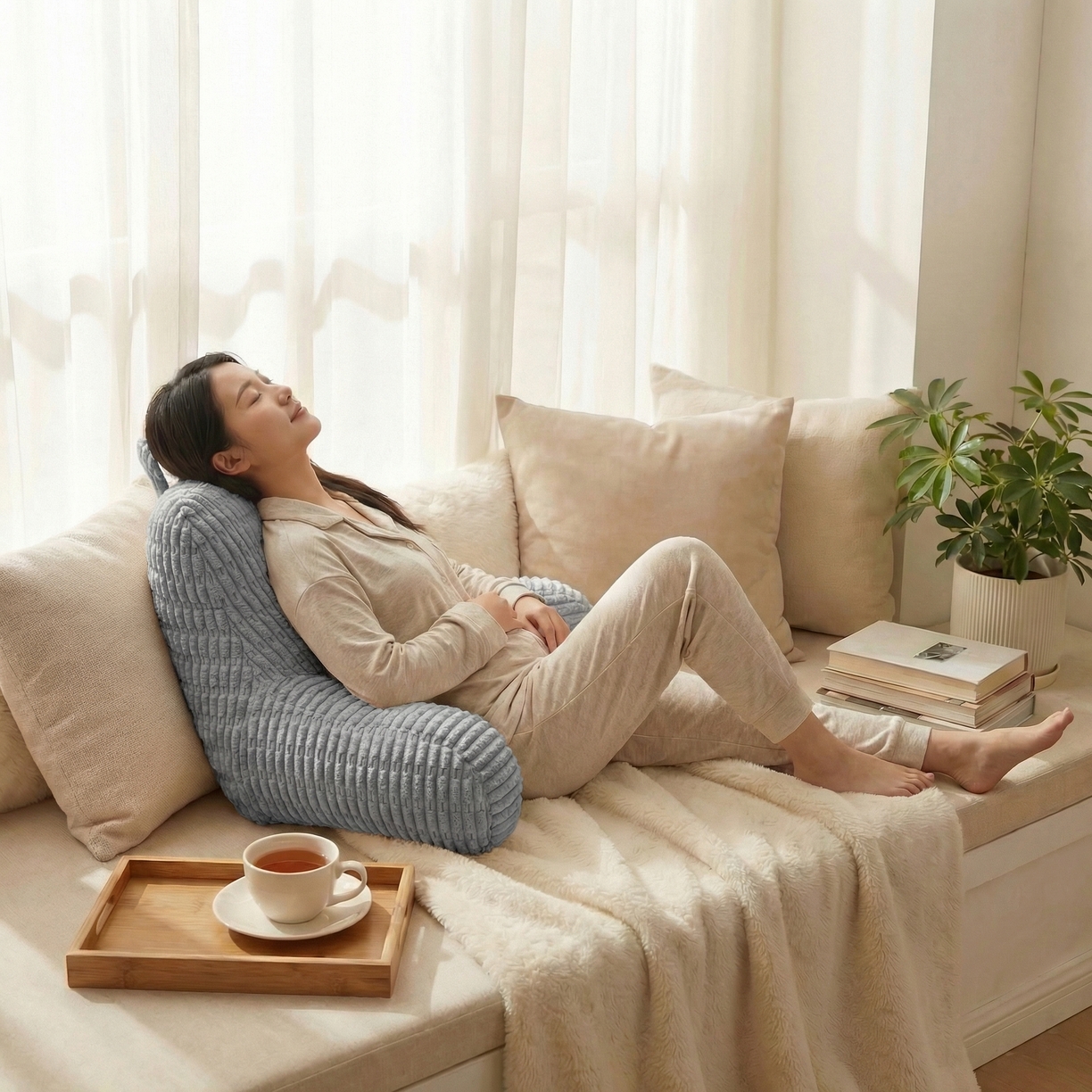 91家纺网 家纺一手货源 找家纺 囍莱家纺 2026新款胖胖条腰靠 （不供1688） 蓝灰