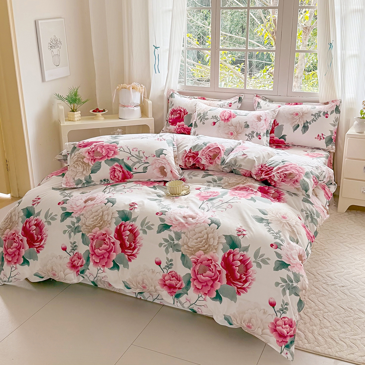 91家纺网 家纺一手货源 找家纺 梵巢家纺 芦荟棉三四件套，床单，被套，枕套化纤四件套 花开富贵