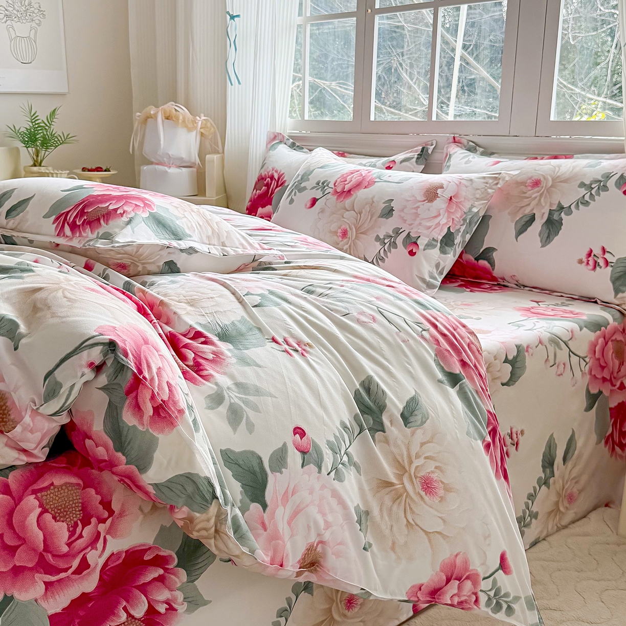 91家纺网 家纺一手货源 找家纺 梵巢家纺 芦荟棉三四件套，床单，被套，枕套化纤四件套 花开富贵