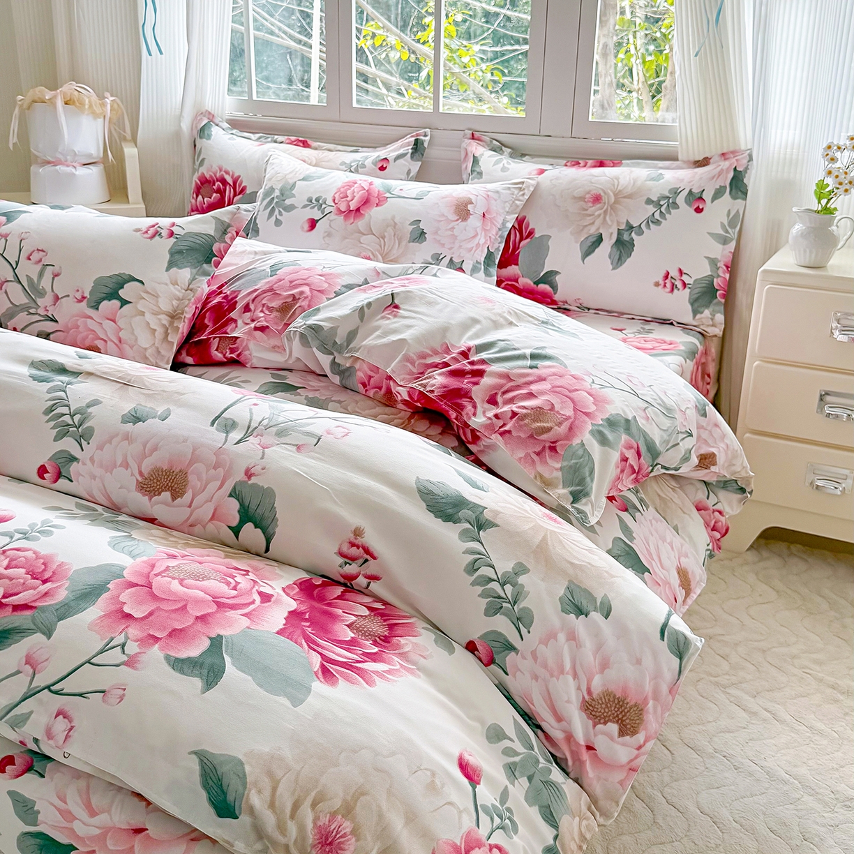 91家纺网 家纺一手货源 找家纺 梵巢家纺 芦荟棉三四件套，床单，被套，枕套化纤四件套 花开富贵